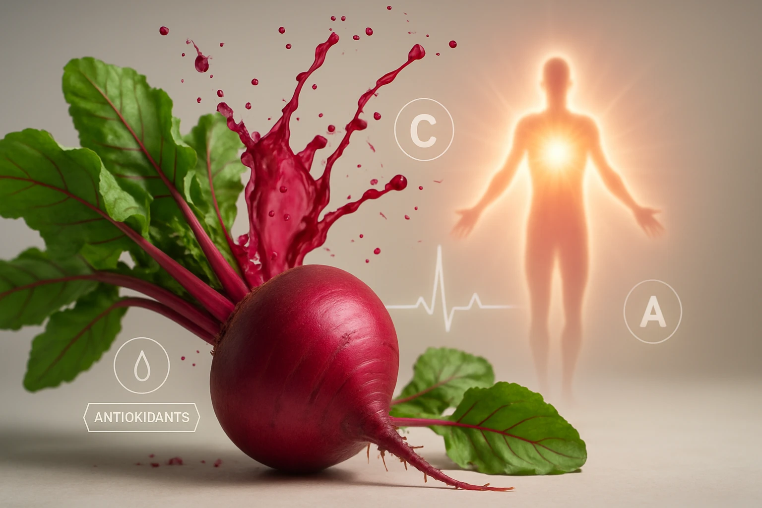 Friss cékla levelei és gyökere, antioxidánsokkal és vitaminokkal.