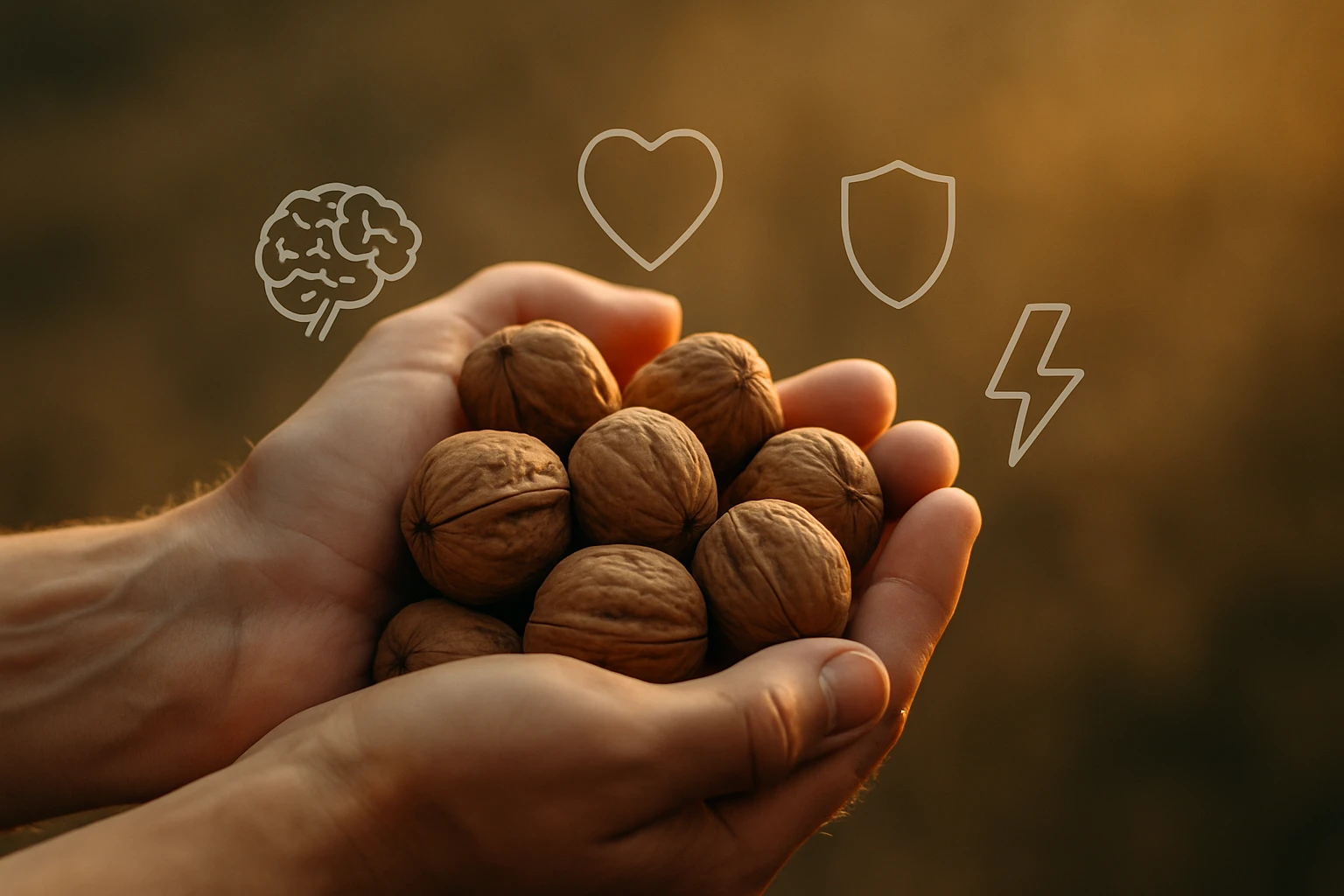 Két kézben tartott diók, háttérben szimbolikus ikonok az egészségről.