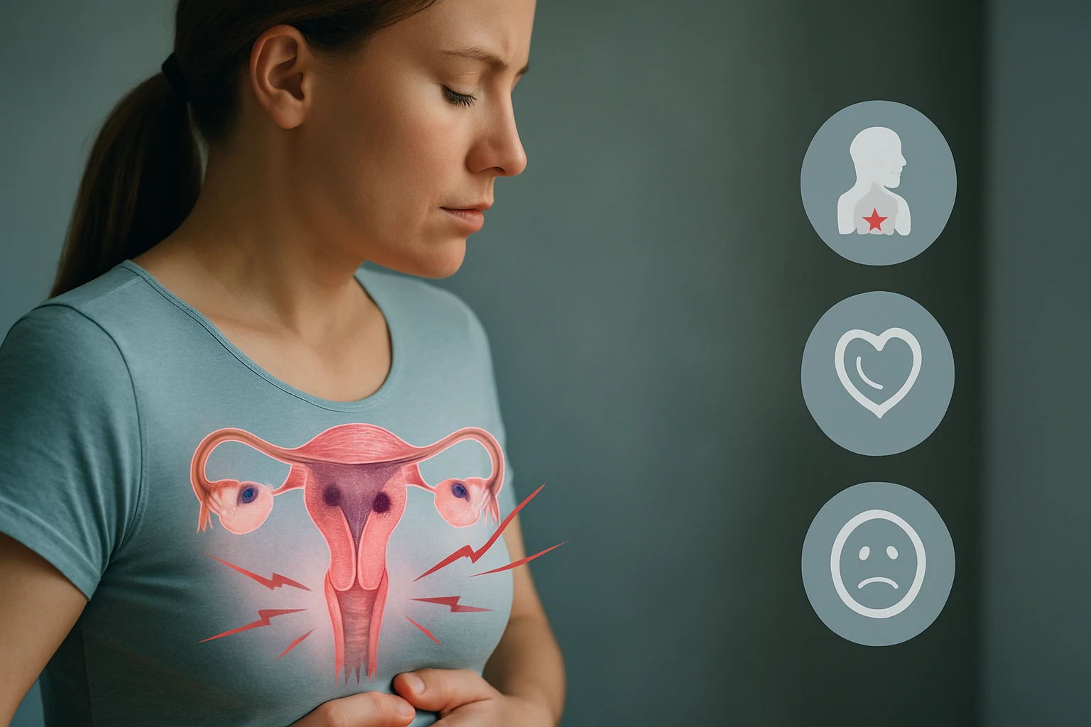 Egy nő, aki a hasánál fájdalmat érez, a méhét ábrázoló grafikával a pólóján.