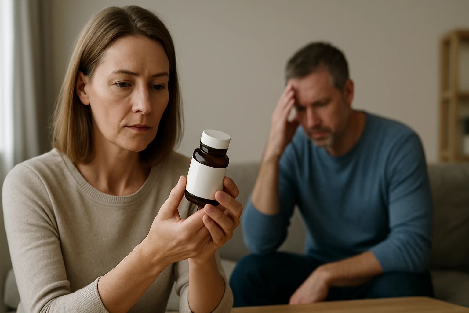Egy nő aggódva nézi a gyógyszeres üveget, míg férje háttérben szorong.