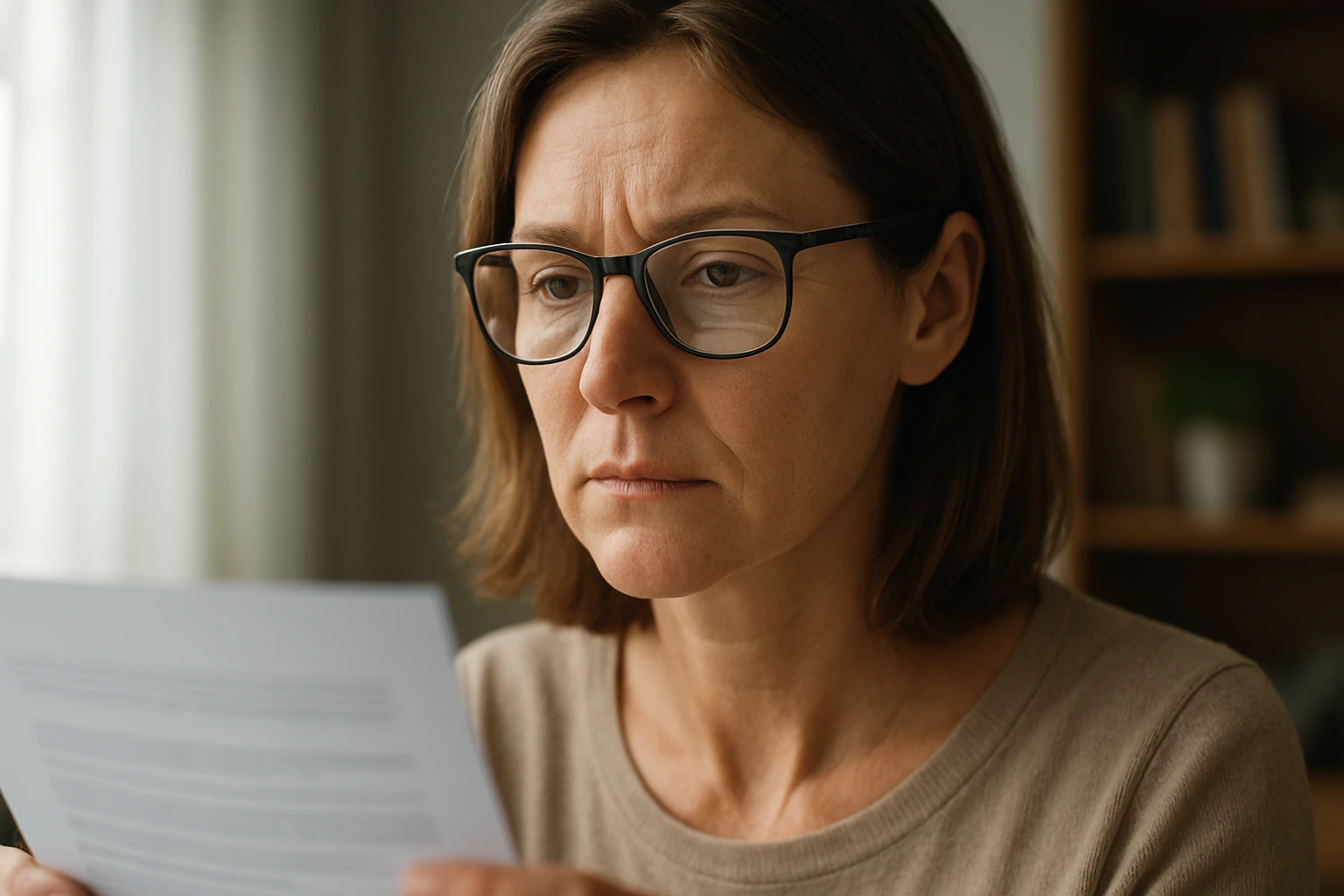 Egy nő komolyan olvas egy papírlapot, arca aggodalmat tükröz.