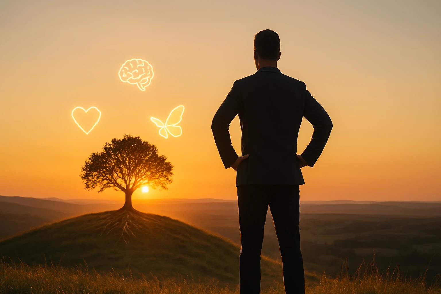 Egy férfi áll egy dombon, háttérben naplementével és egy fával, felette szimbólumokkal.