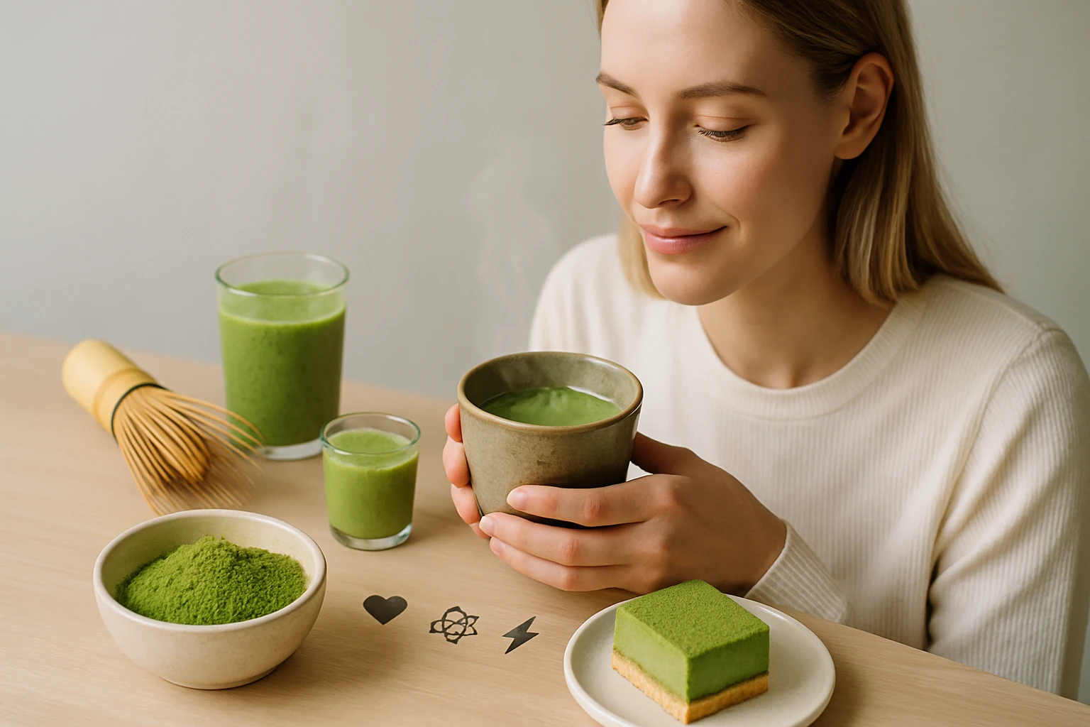 Egy nő zöld teát tart a kezében, körülötte matcha italok és por.