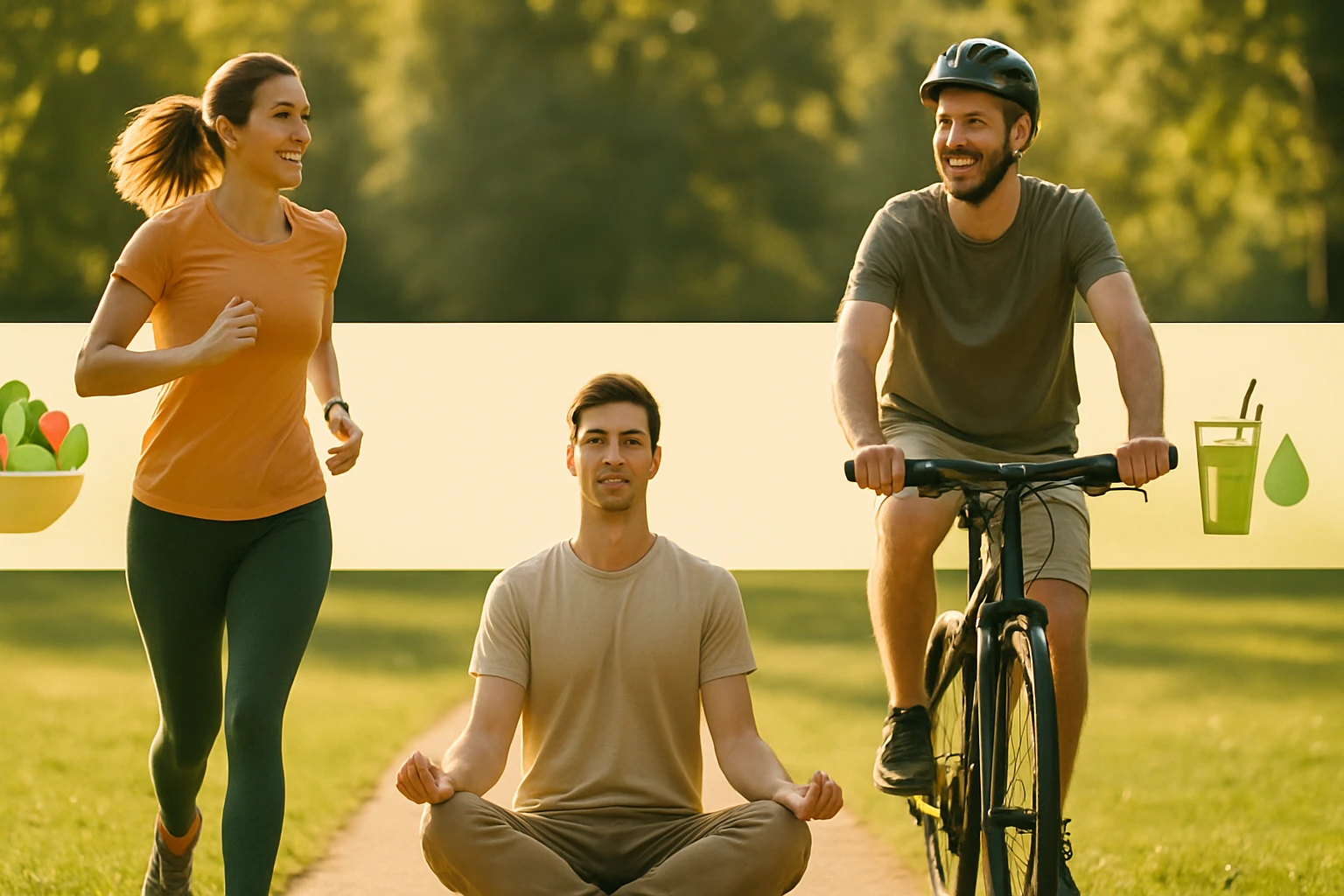 Két fiatal sportoló fut és kerékpározik egy parkban, míg egy harmadik meditál.