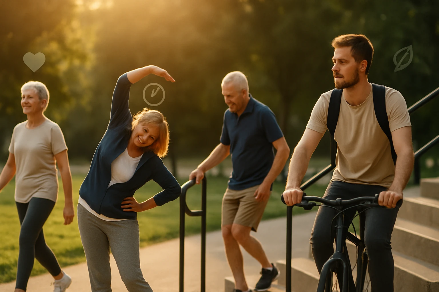 Különböző korú emberek sportolnak a parkban, egészséges életmódot képviselve.