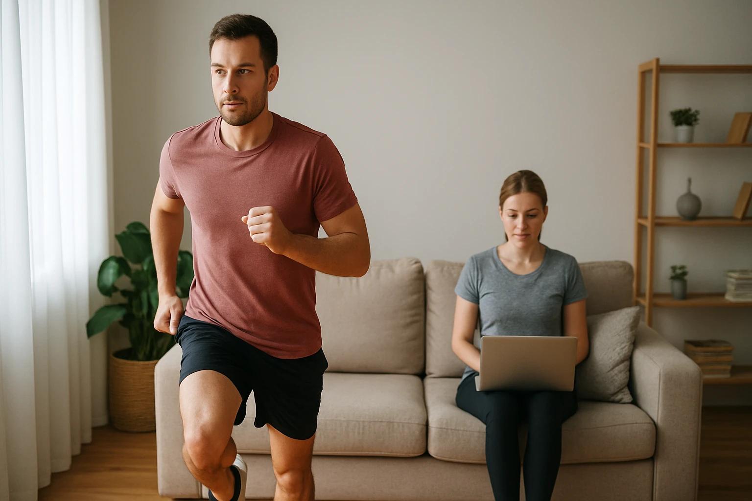 Egy férfi otthon fut, míg egy nő a kanapén ülve laptopozik.