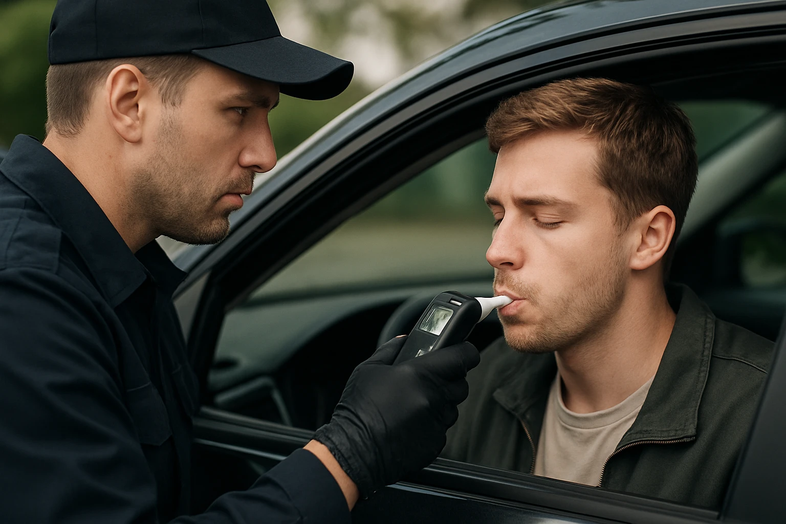 Egy rendőr alkoholszondát használ egy autóban ülő férfinál.