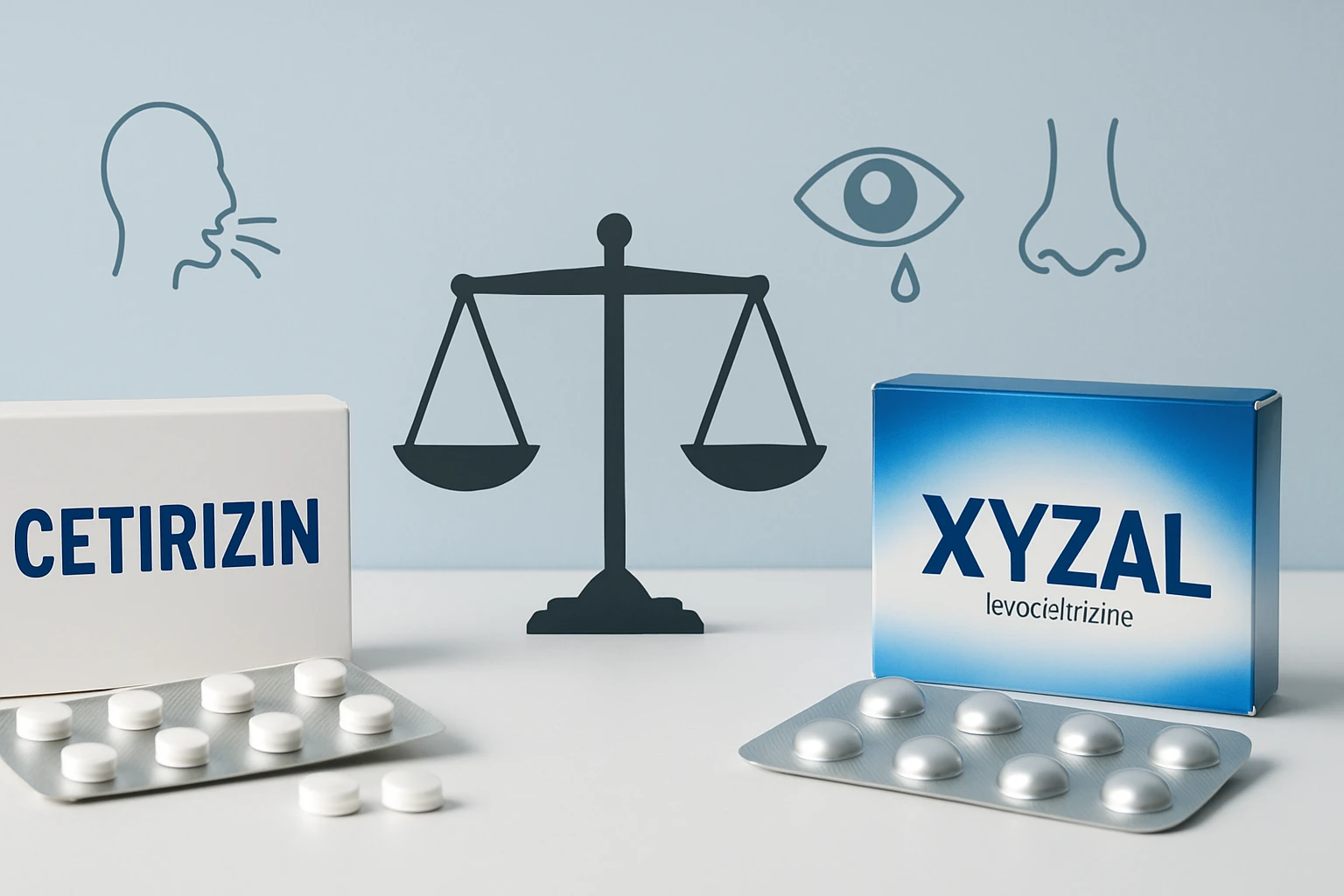 Két antihisztamin gyógyszer doboza, a Cetirizin és az Xyzal, háttérben allergiás tüneteket jelző ikonokkal.