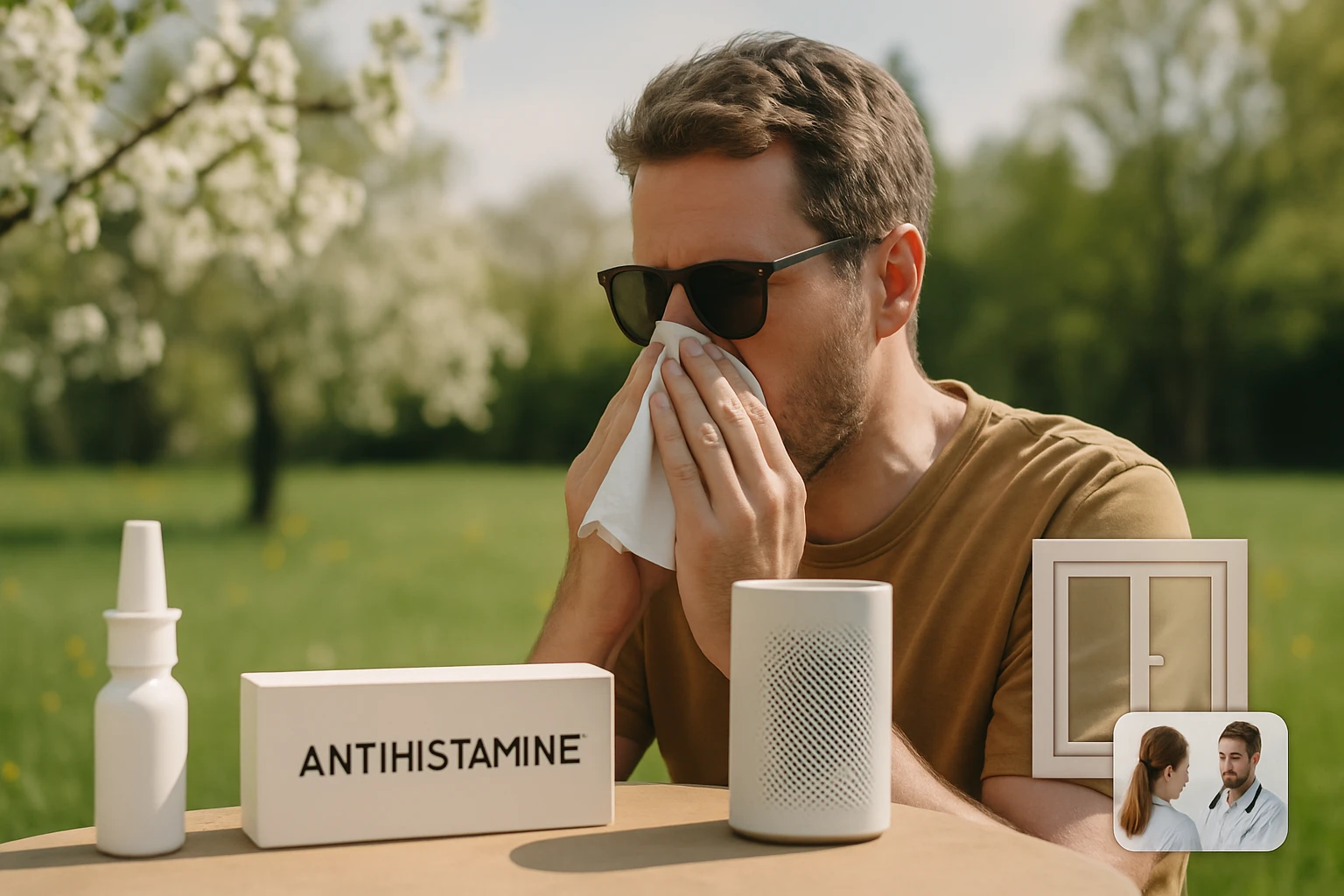 Egy férfi allergiás reakcióval küzd, zsebkendőt használva a szabadban.