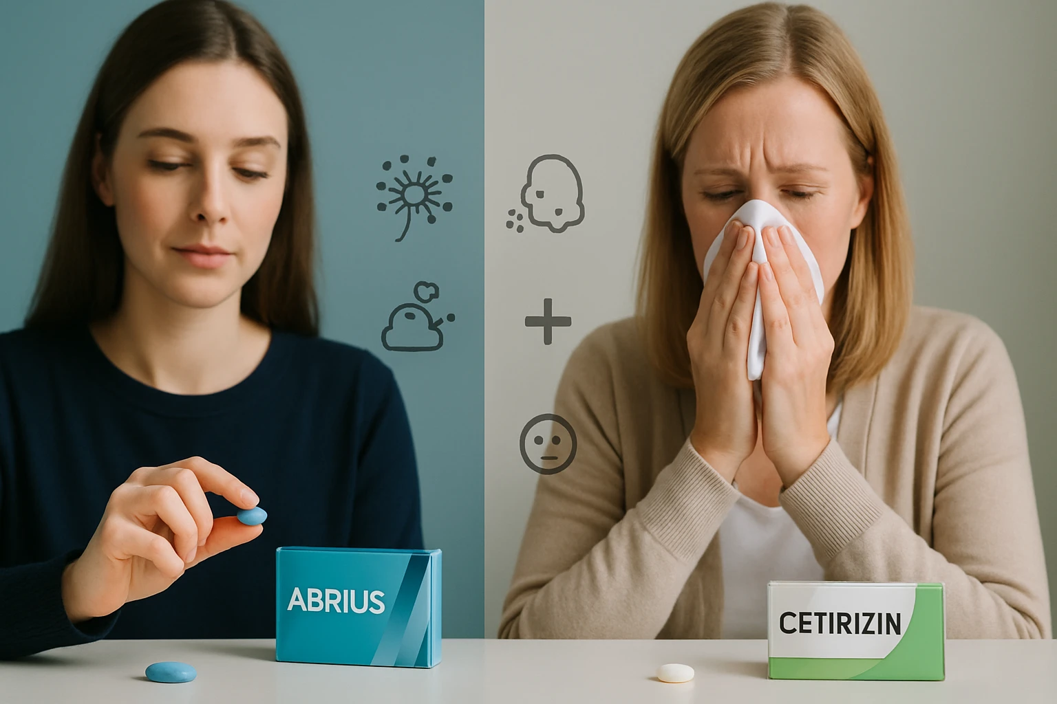 Egy nő az Abrilus gyógyszert tartja, míg a másik nő a Cetirizin dobozát nézi, orrát törölve.