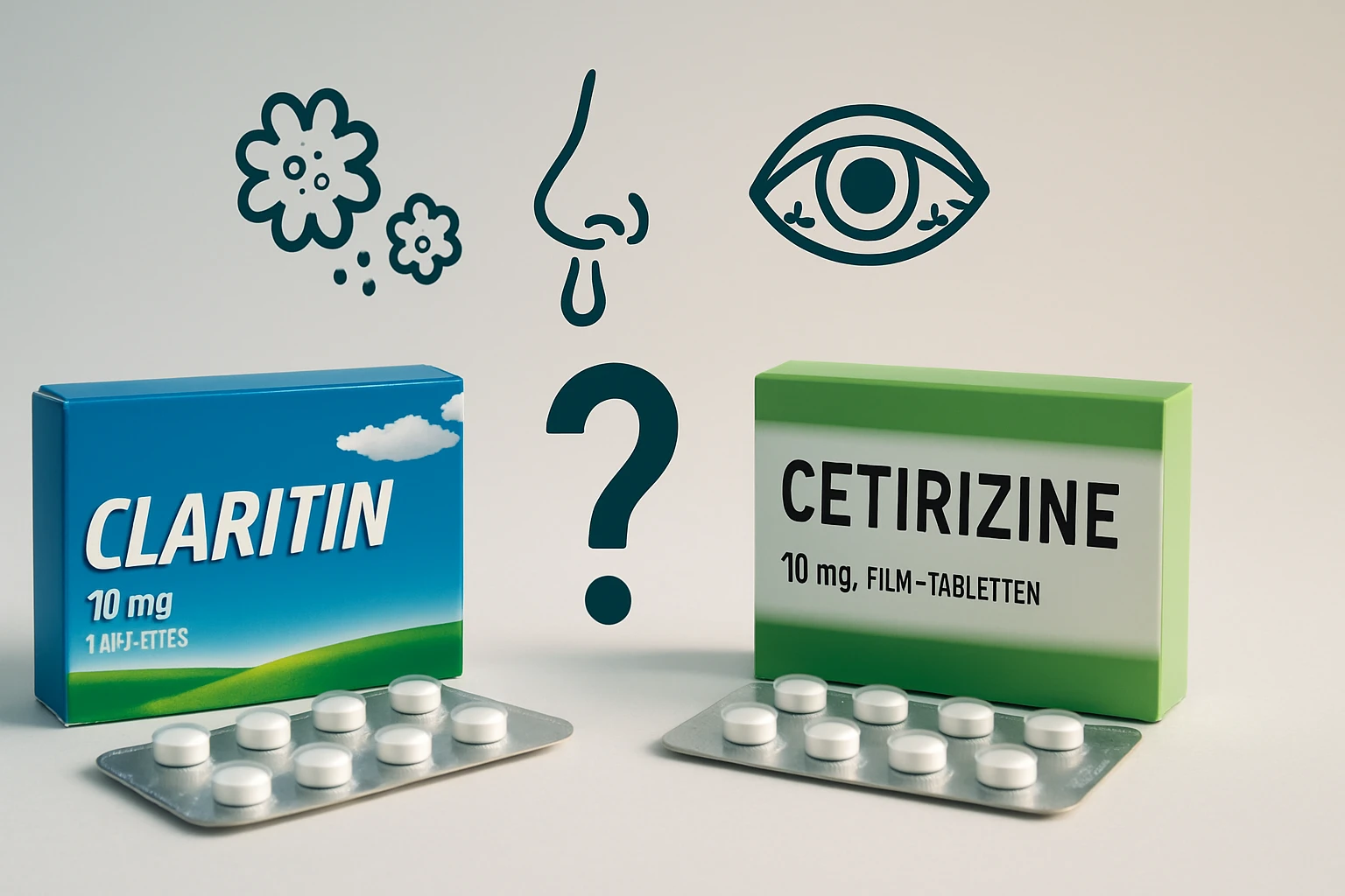 Két allergiaellenes gyógyszer doboza, Claritin és Cetirizine, fehér tablettákkal.