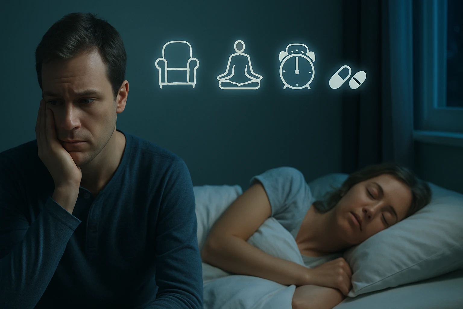 Egy férfi szomorúan ül az ágy szélén, míg a nő alszik mellette.