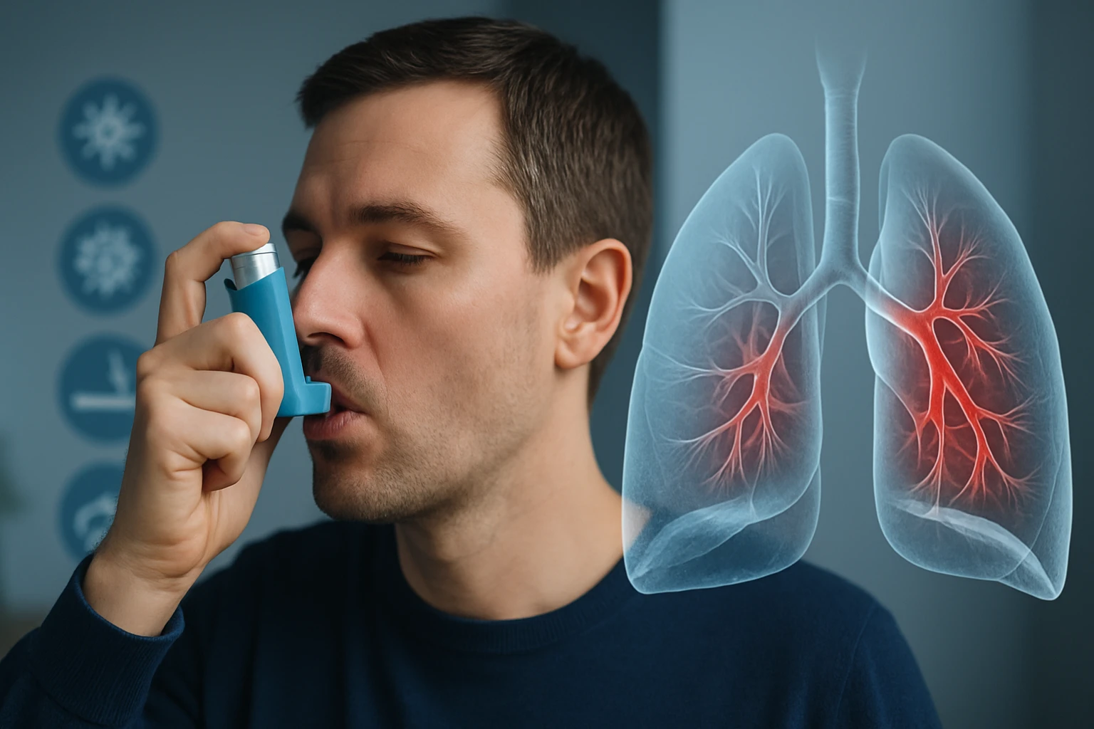 Egy férfi asztma inhalátort használ, miközben a tüdő működését ábrázoló kép látható mellette.