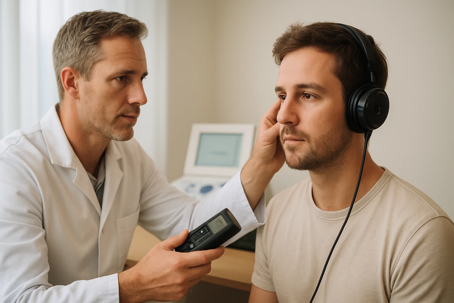 Egy orvos audiológiai vizsgálatot végez egy férfin, fejhallgatóval.