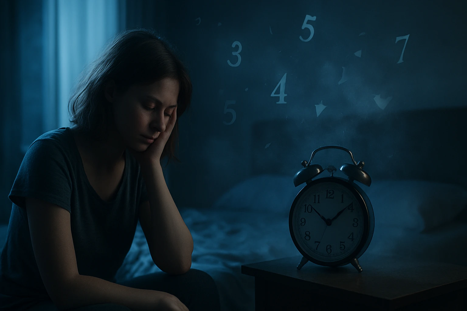 Egy fiatal nő szomorúan ül az ágy mellett, az éjjeli szekrényen óra áll.