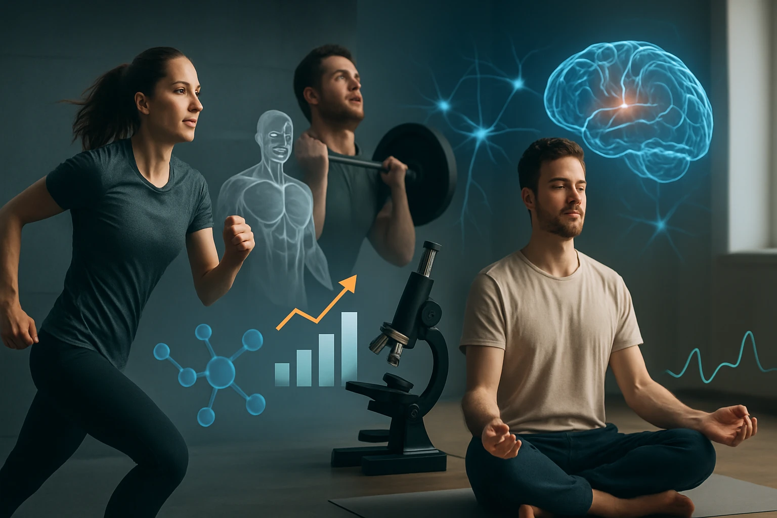 Egy nő fut, míg egy férfi súlyt emel, háttérben agy és tudományos szimbólumok.