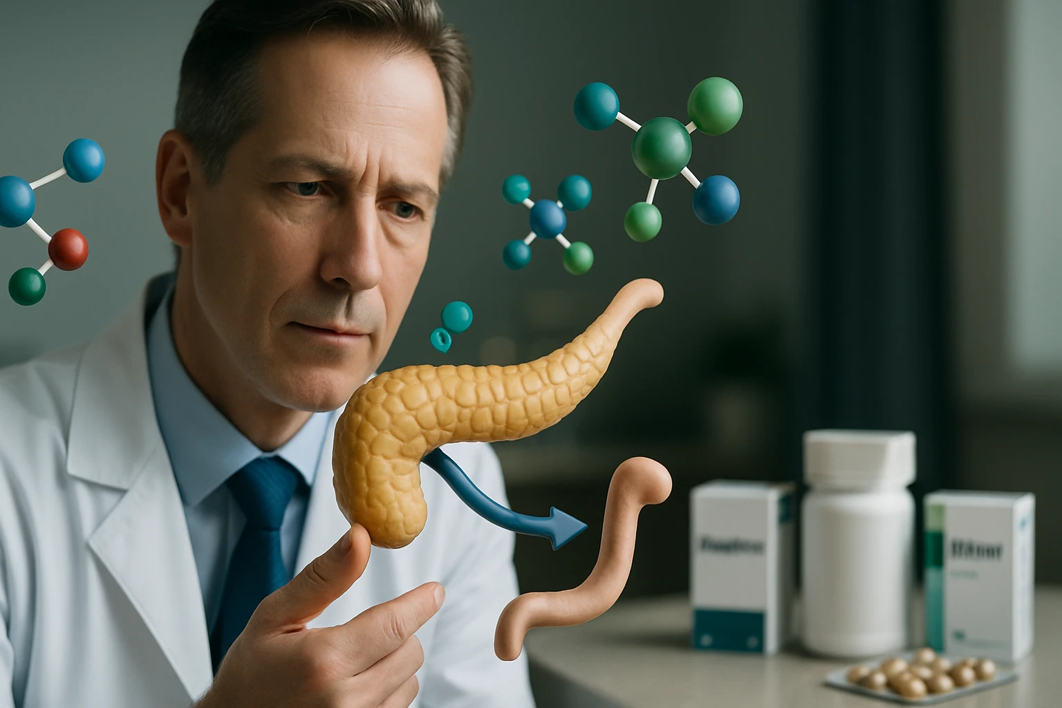 Egy orvos a hasnyálmirigy és a bél modellezésével foglalkozik, miközben molekulák lebegnek körülötte.