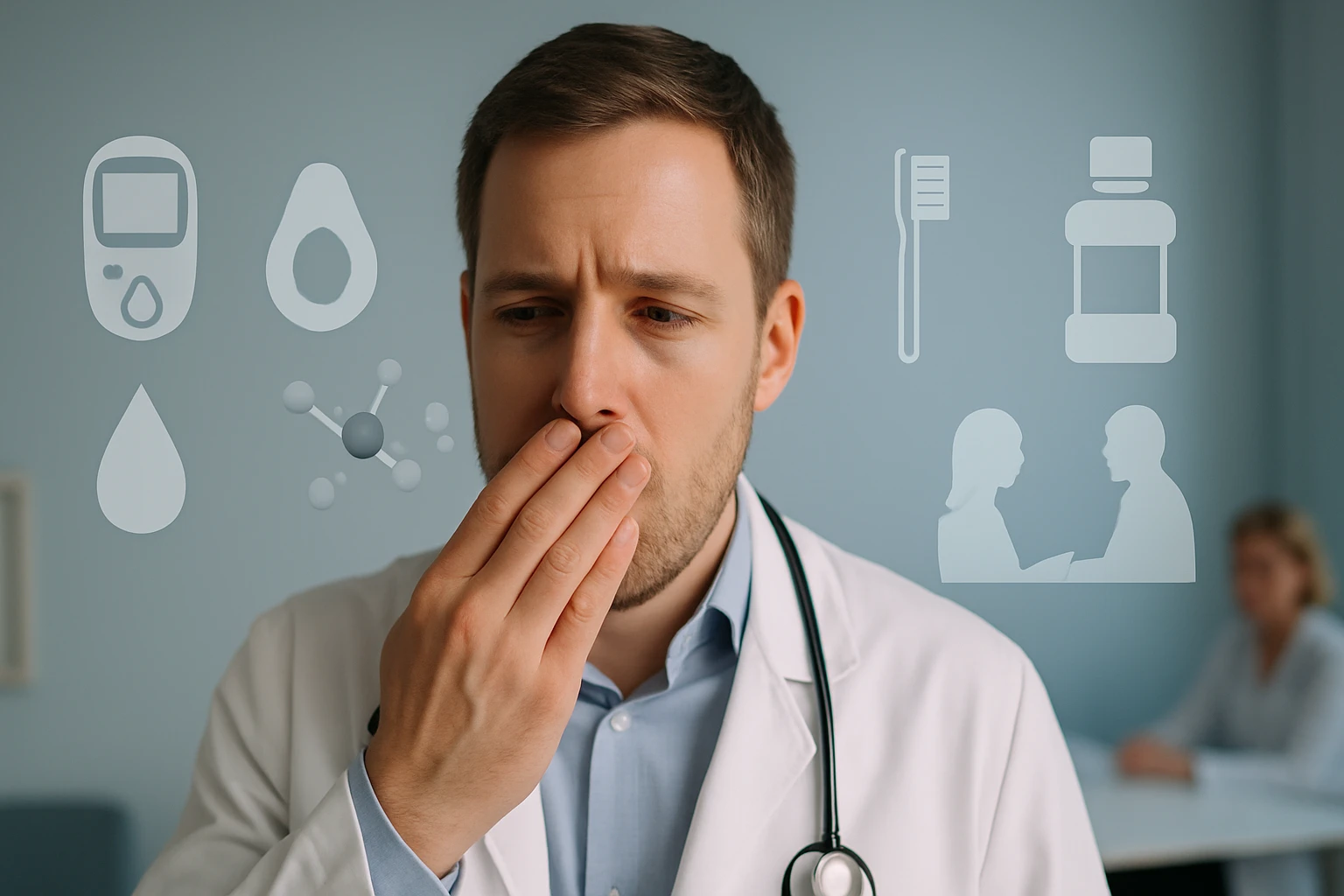 Egy orvos gondolkodik, miközben egészségügyi szimbólumok lebegnek körülötte.