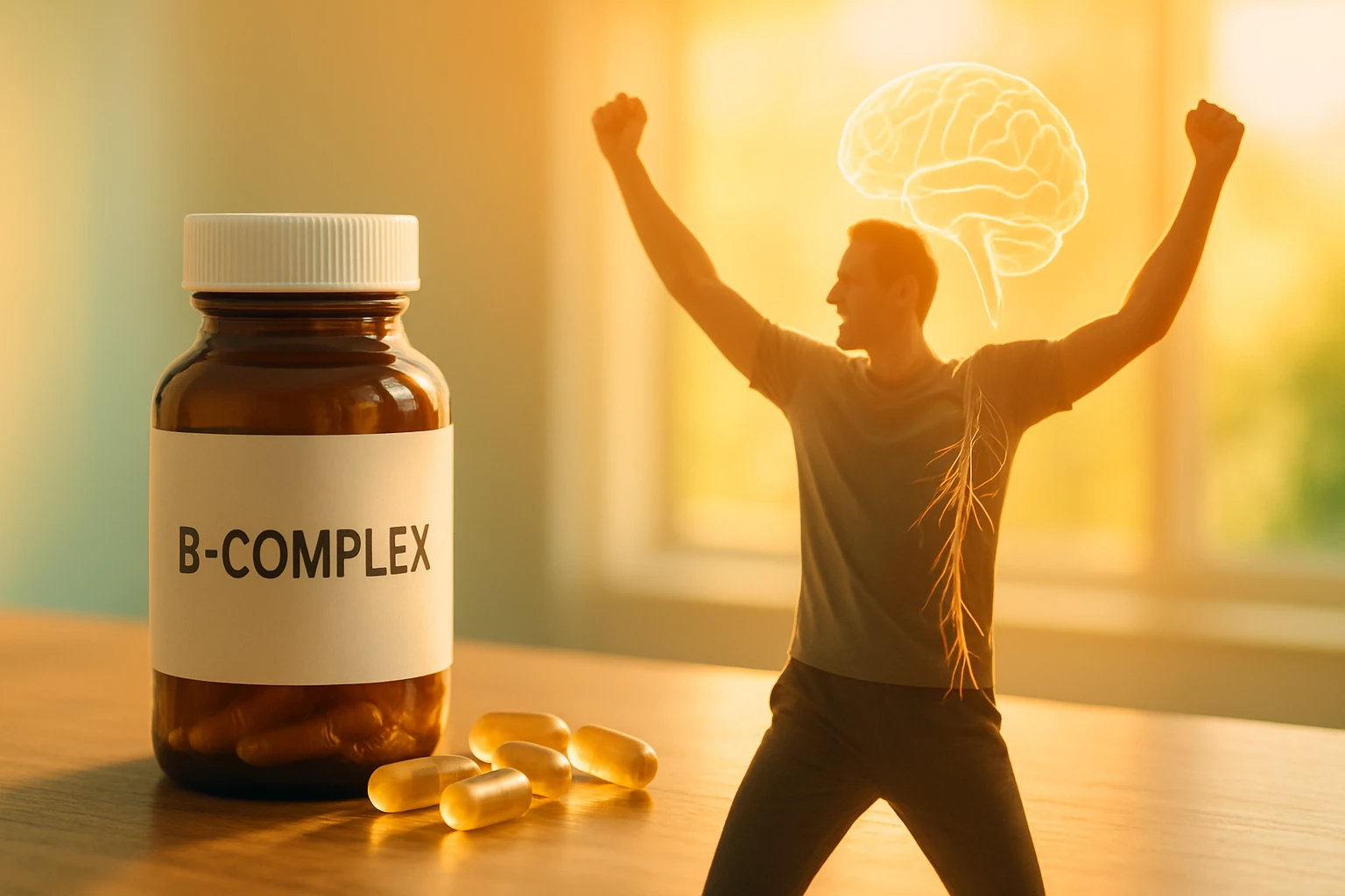 Egy B-vitamin komplexum üveg, mellette boldog férfi, aki az egészséget ünnepli.