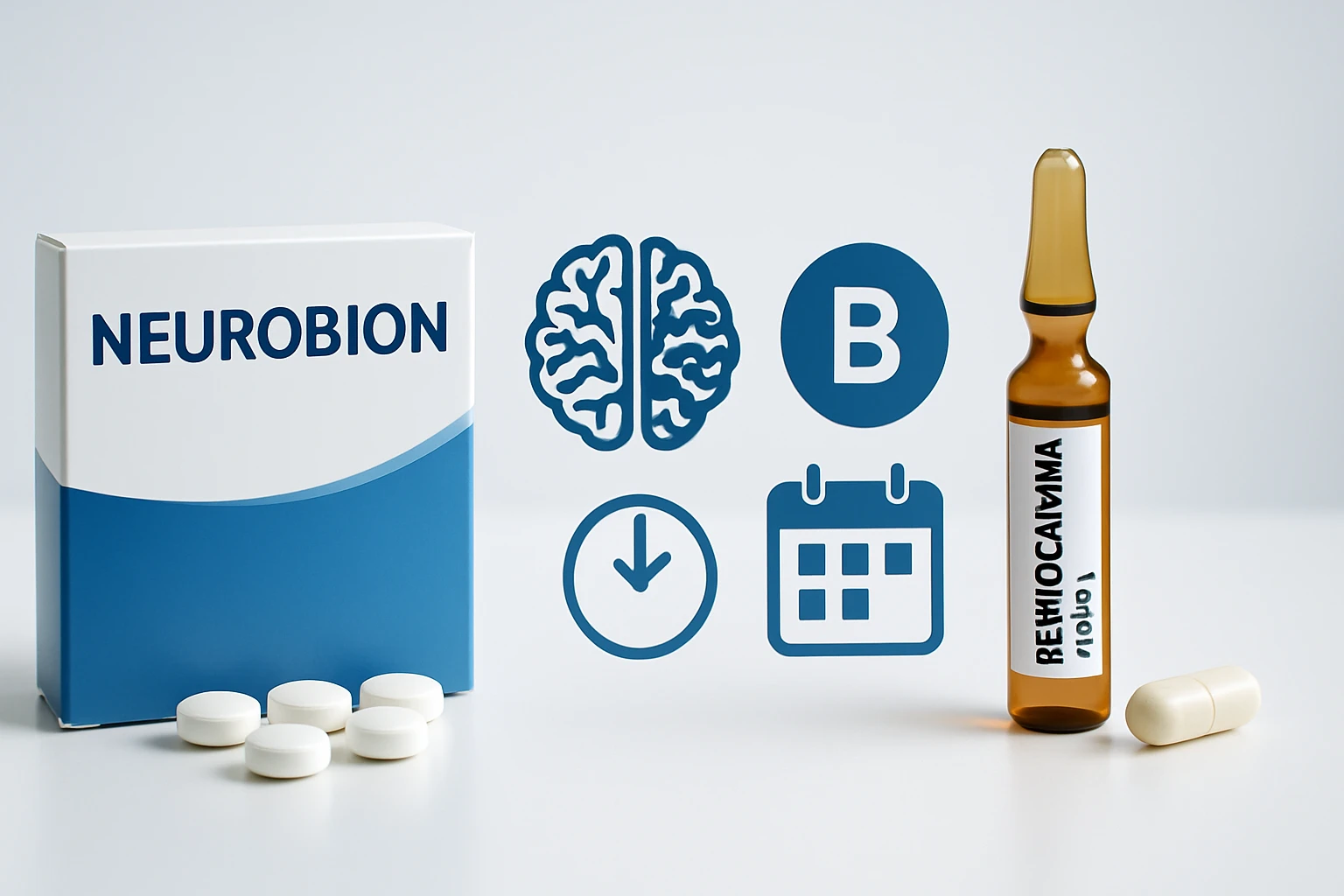 Neurobion doboz, fehér tabletták és injekciós üveg B-vitamin tartalommal.