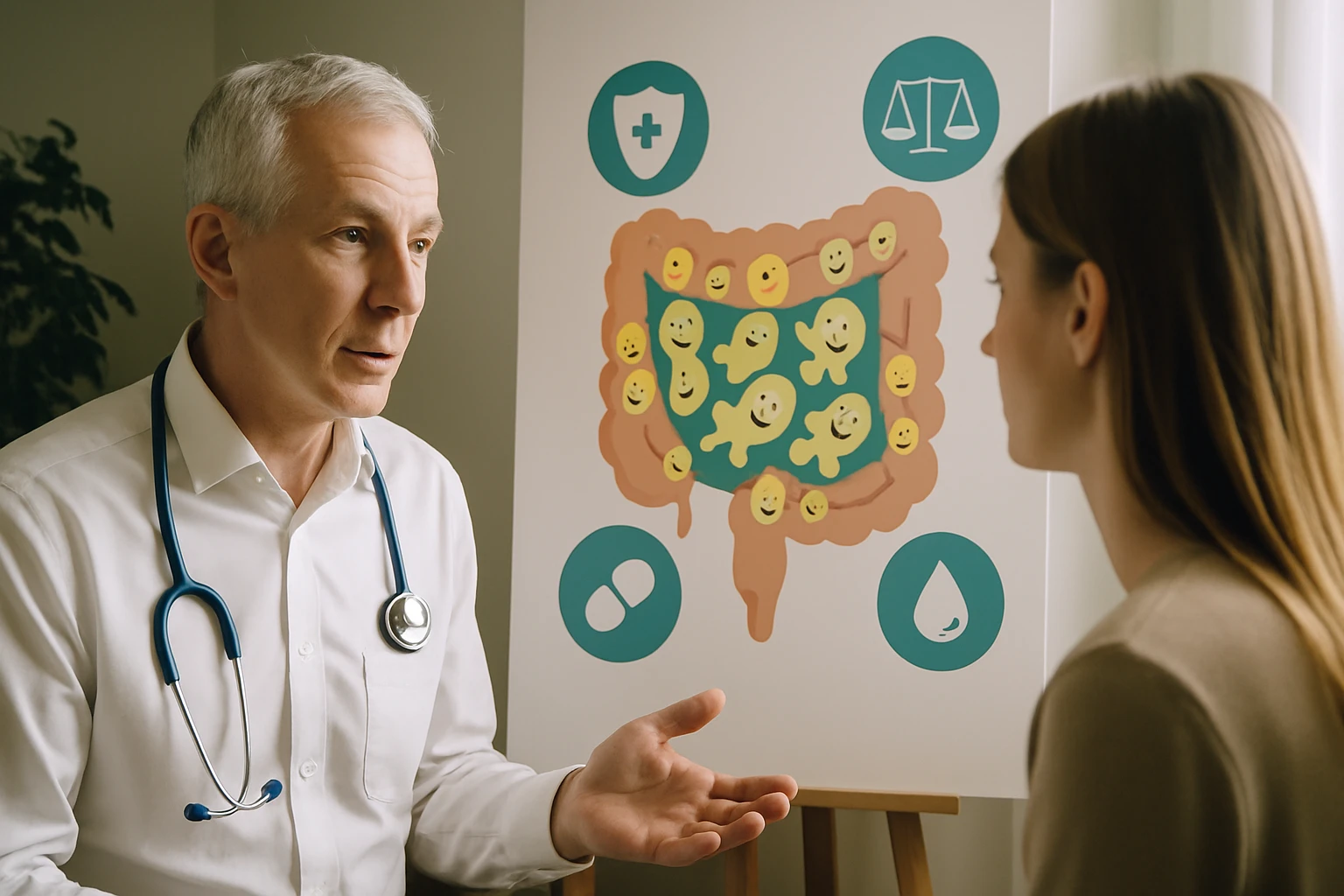 Egy orvos beszélget egy pácienssel a bélflóráról és az egészségről.