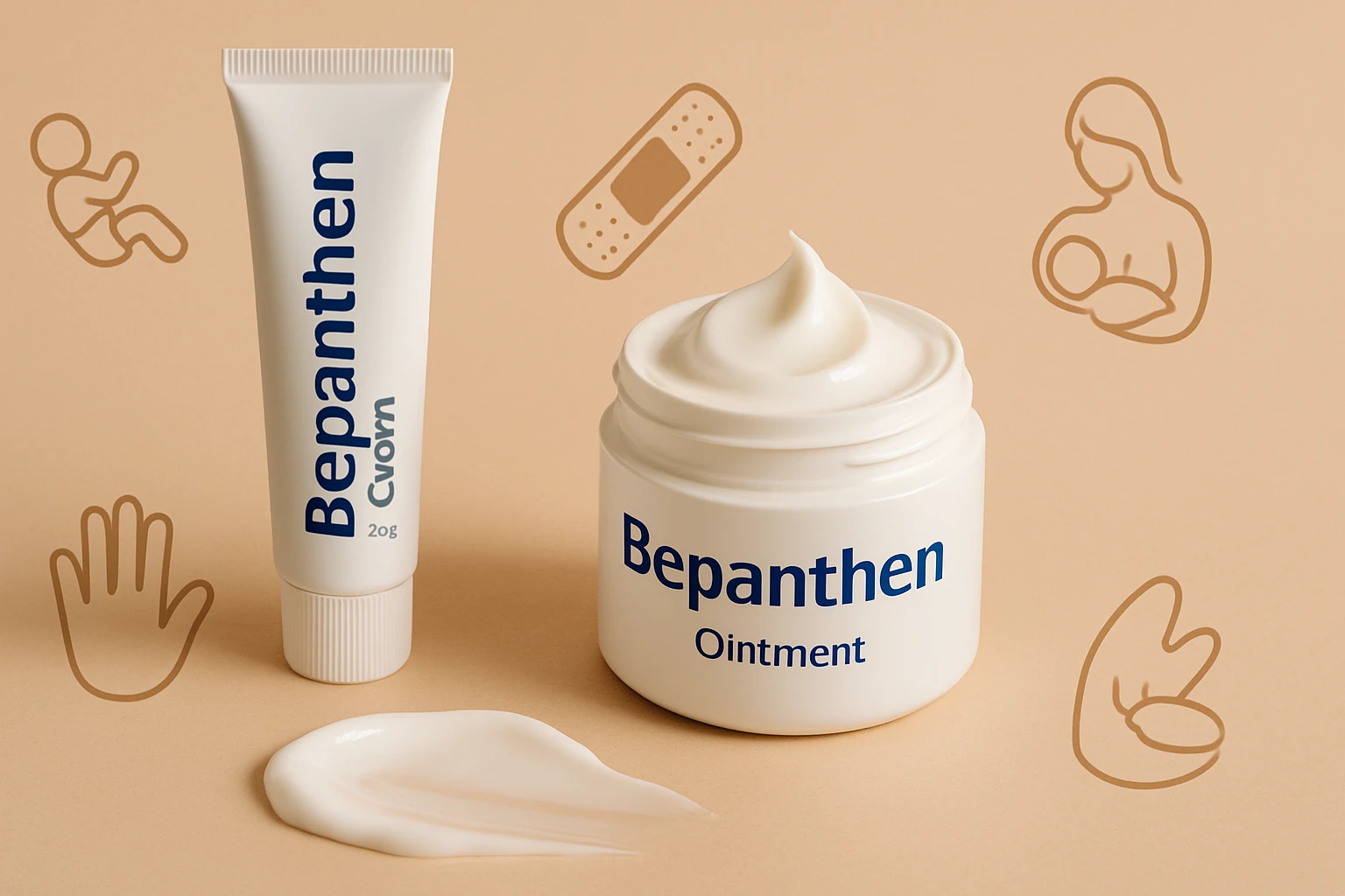 Bepanthen krém és kenőcs, háttérben gyermekek és szülők sziluettjei.