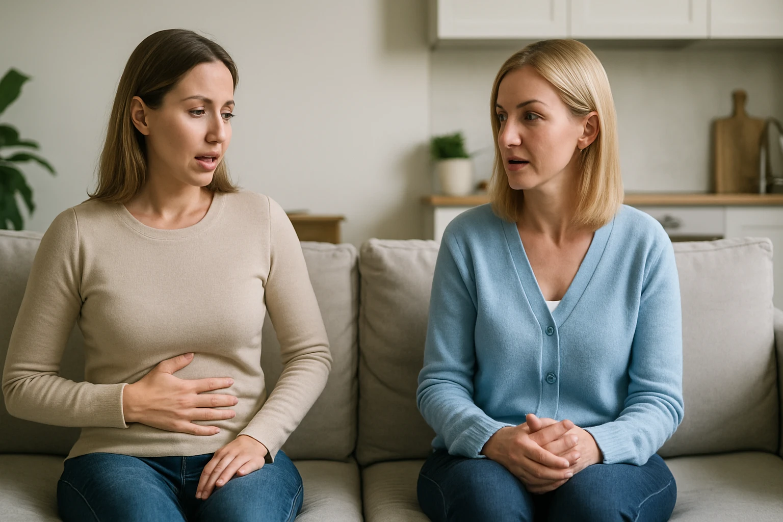 Két nő ül egy kanapén, az egyik a hasát fogja, láthatóan beszélgetnek.