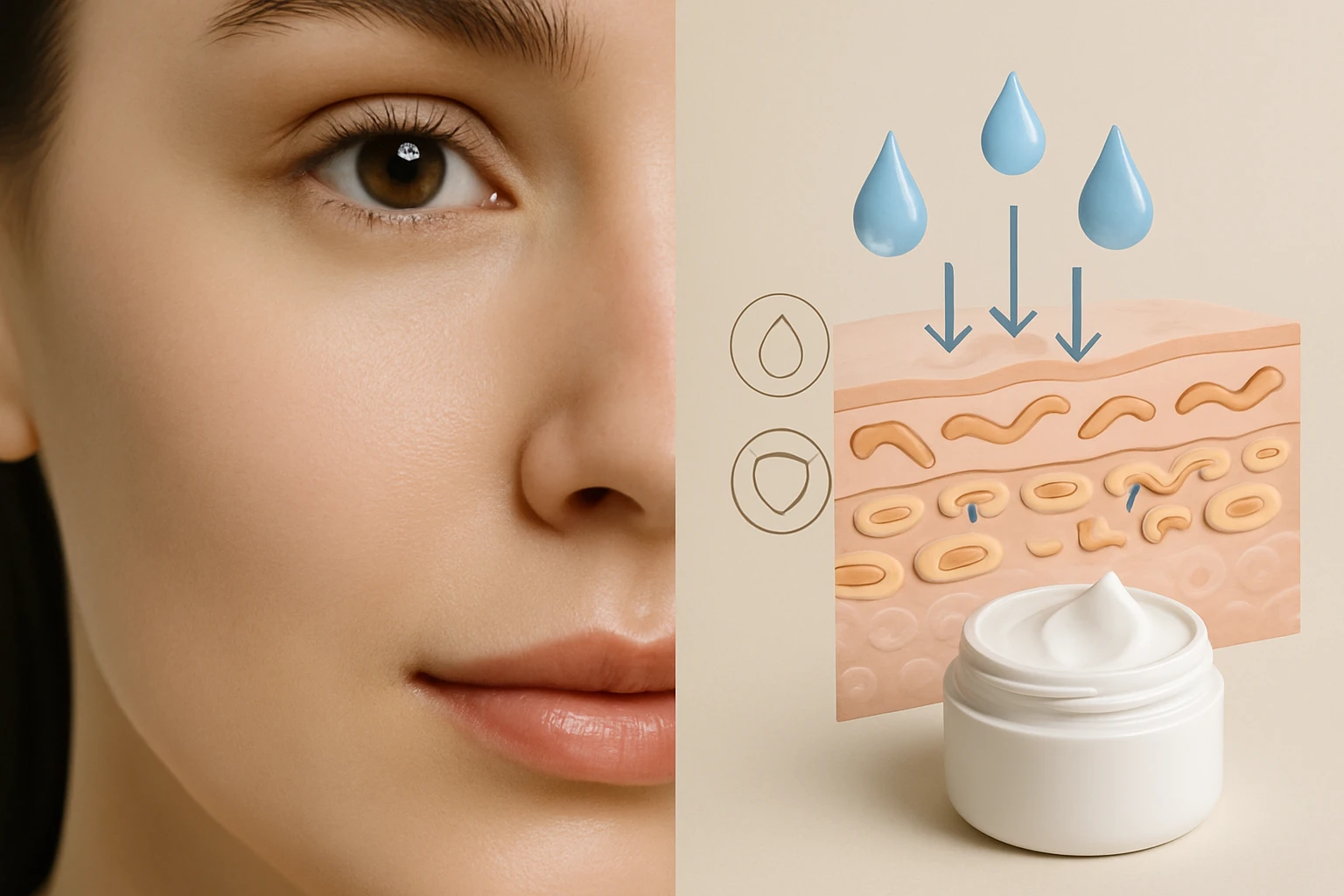 Egy fiatal nő arca, mellette bőrápolási krém és bőr rétegeit bemutató illusztráció.