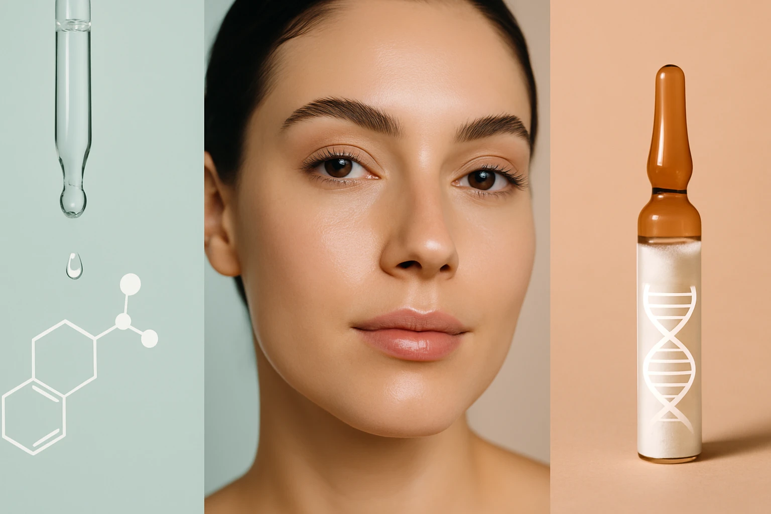 Fiatal nő arca, bőrápolási termékek és kémiai struktúrák mellett.