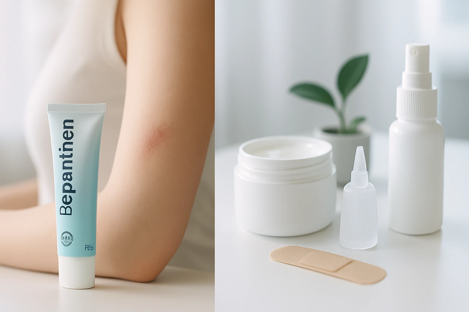 Egy karon látható Bepanthen krém, mellette különböző bőrápoló termékek.