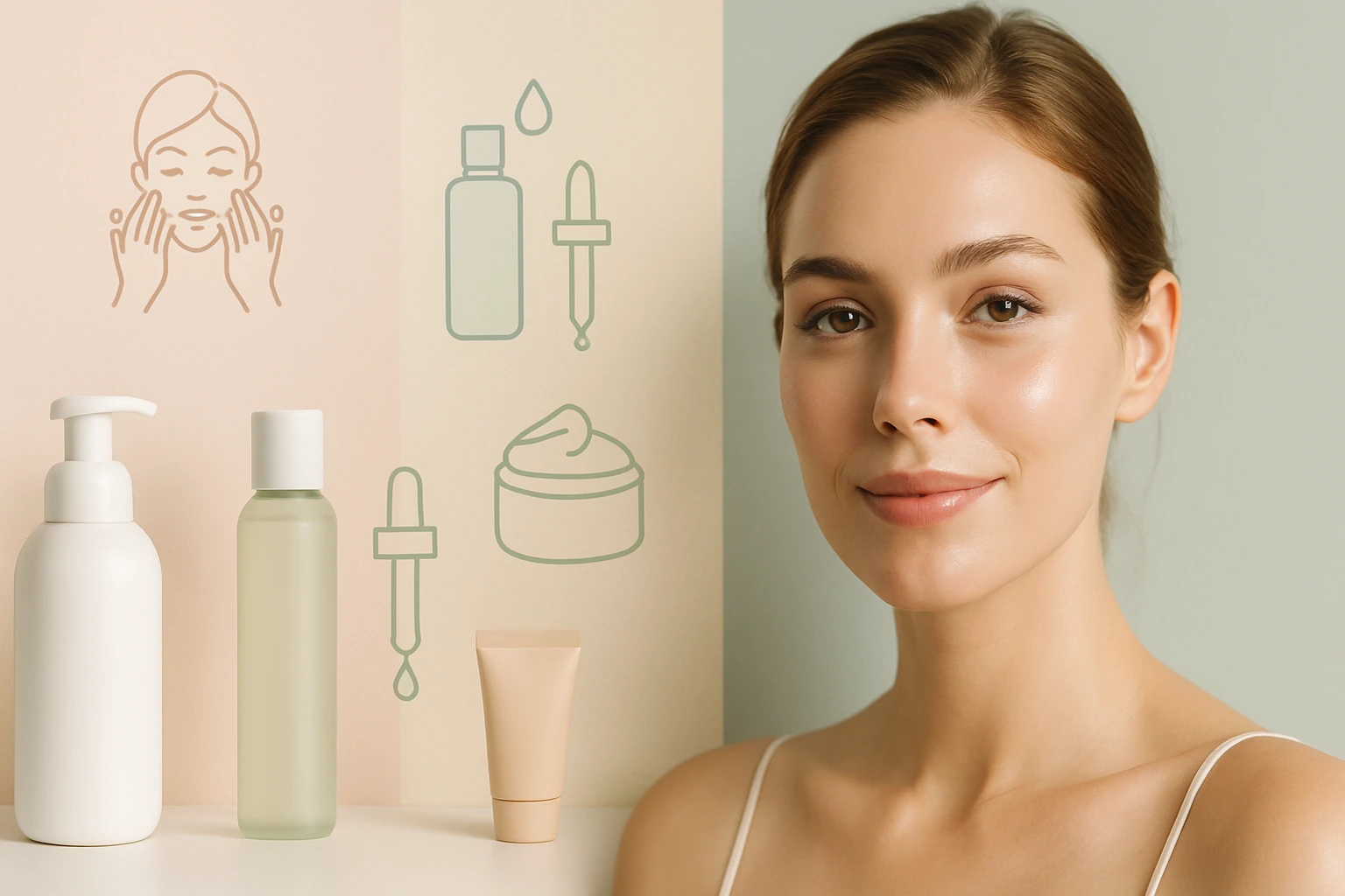 Egy fiatal nő mosolygós arccal, bőrápoló termékek mellett áll.