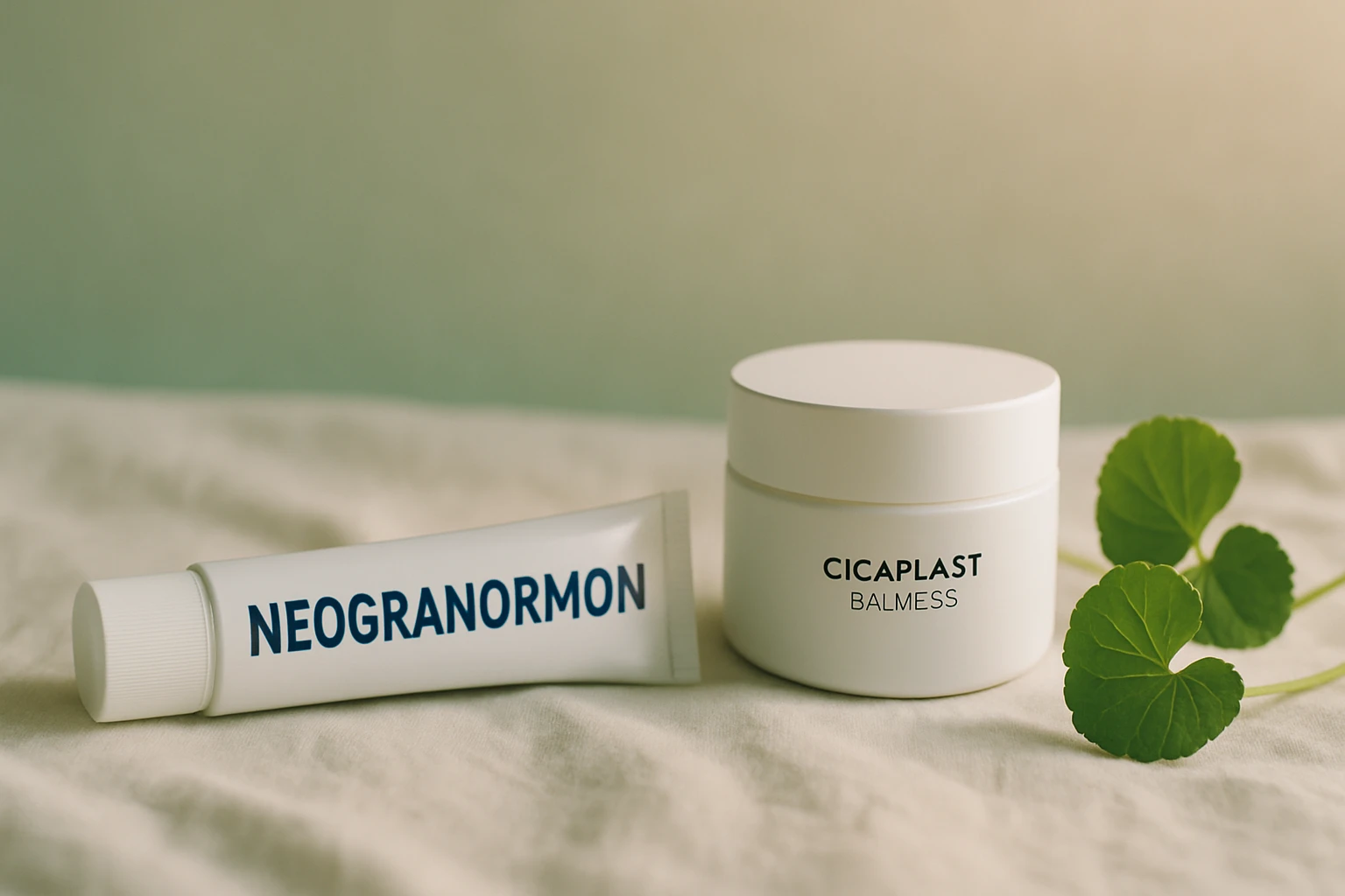 Két bőrápoló termék, a Neogranormon és a Cicaplast balzsam, zöld levélkék mellett.