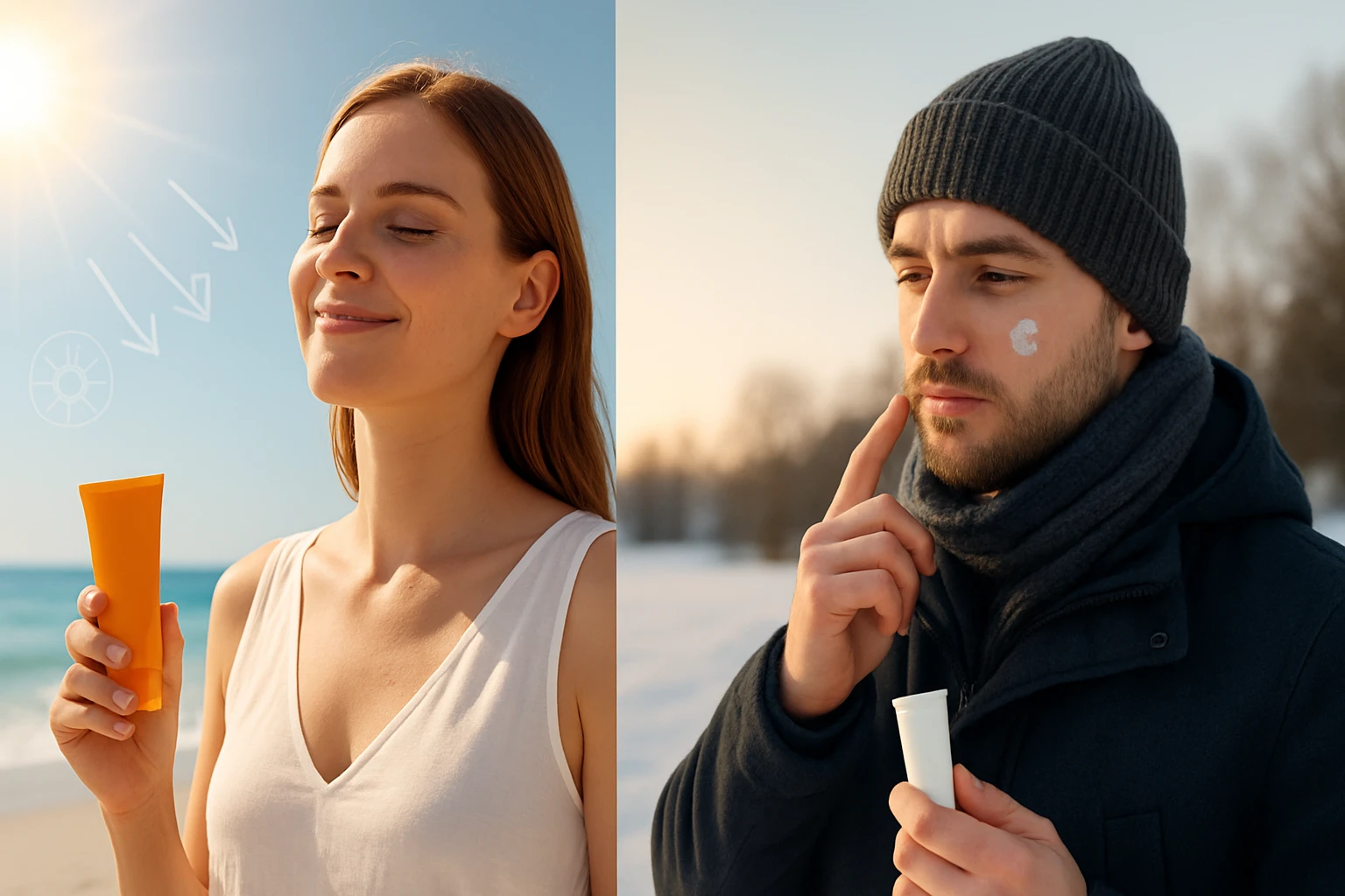 Egy nő napvédő krémet tart a tengerparton, míg egy férfi téli bőrápolót használ a hóban.