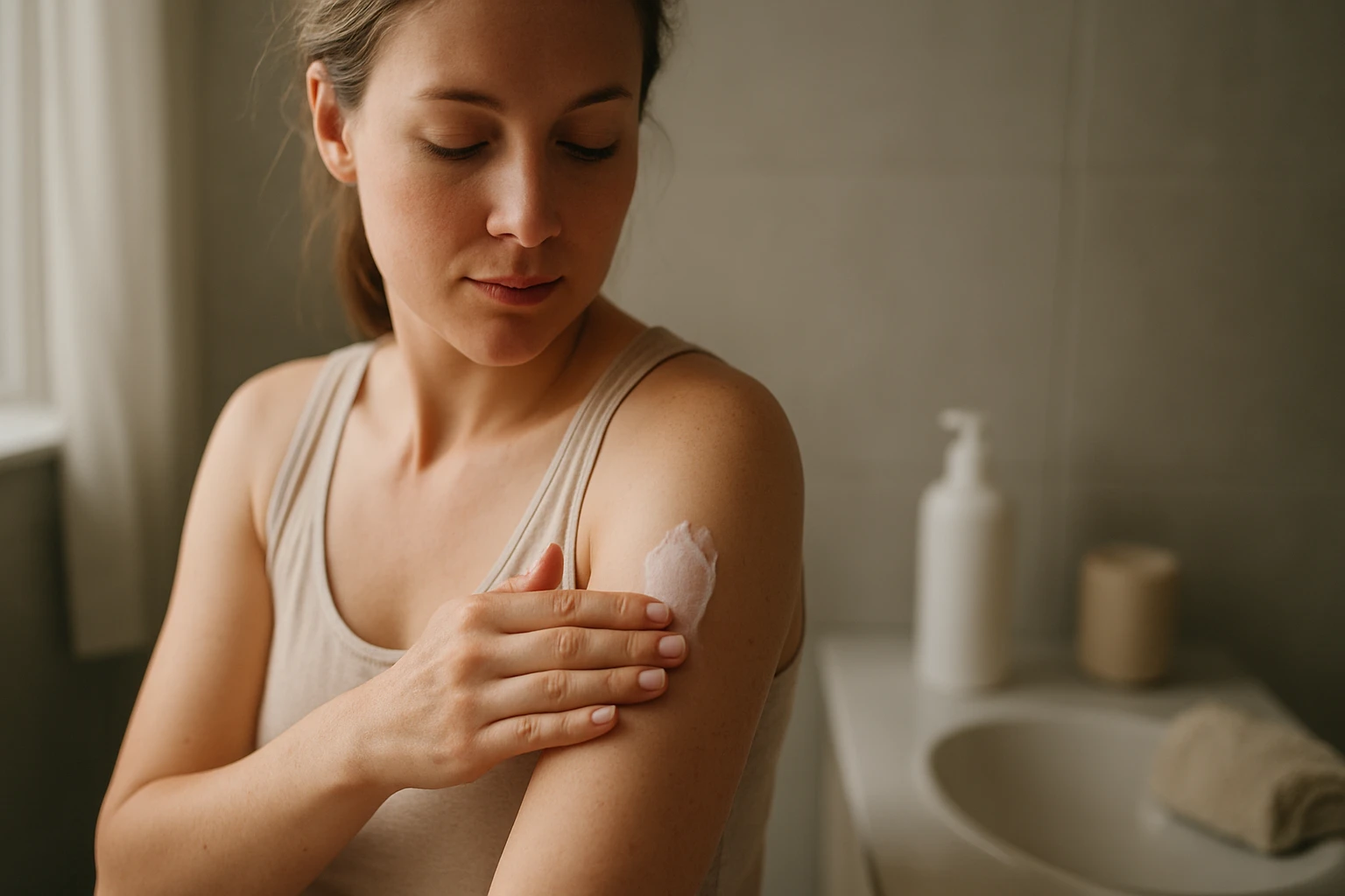 Egy nő krémet visz fel a bal karjára egy fürdőszobában.