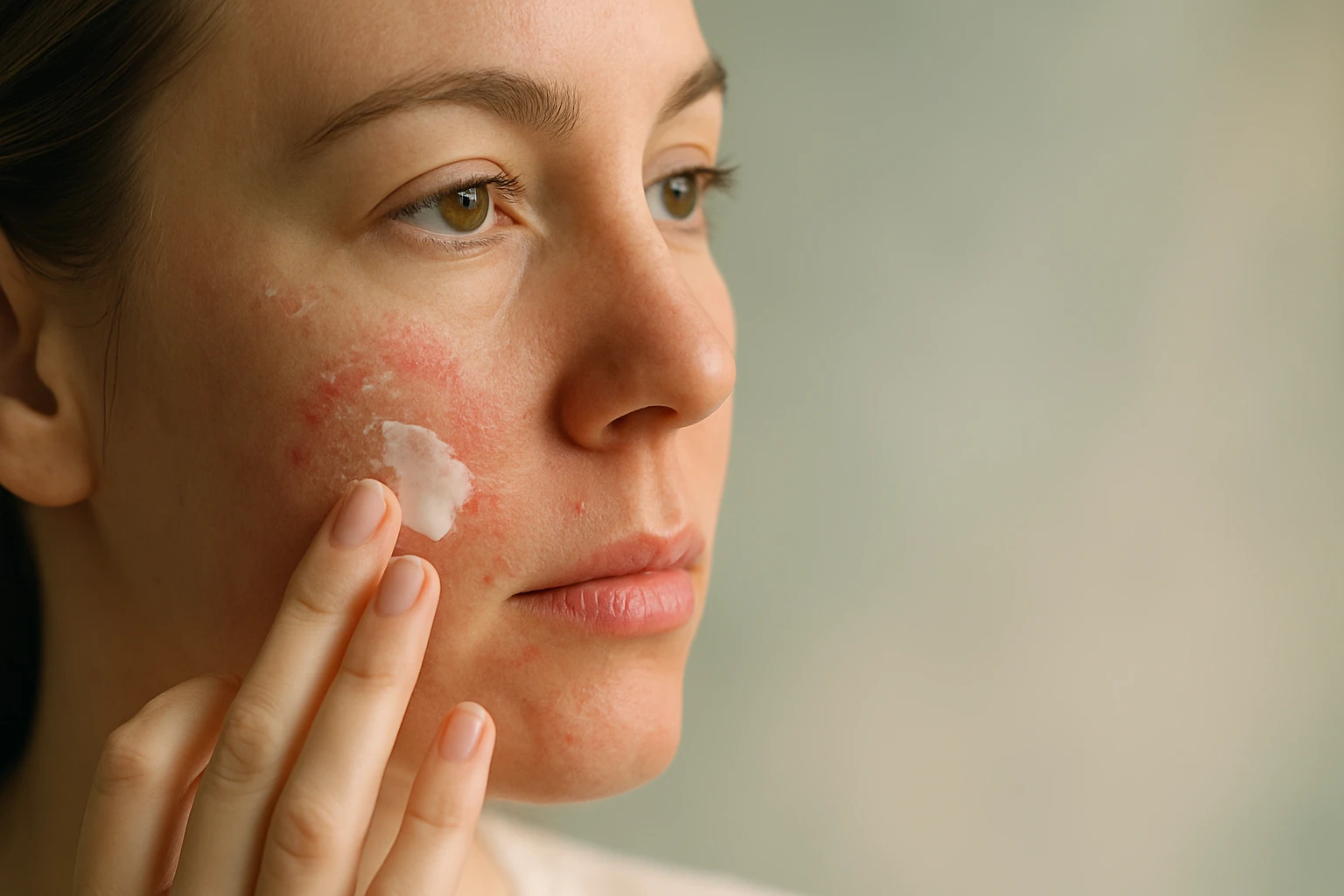 Egy nő az arcán krémet alkalmaz, bőrén piros foltok láthatók.