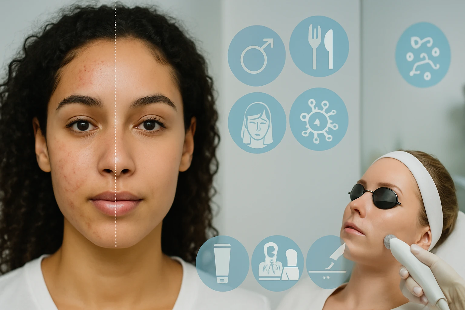 Egy fiatal nő arca, bal oldalon bőrproblémákkal, jobb oldalon kezelést kap.