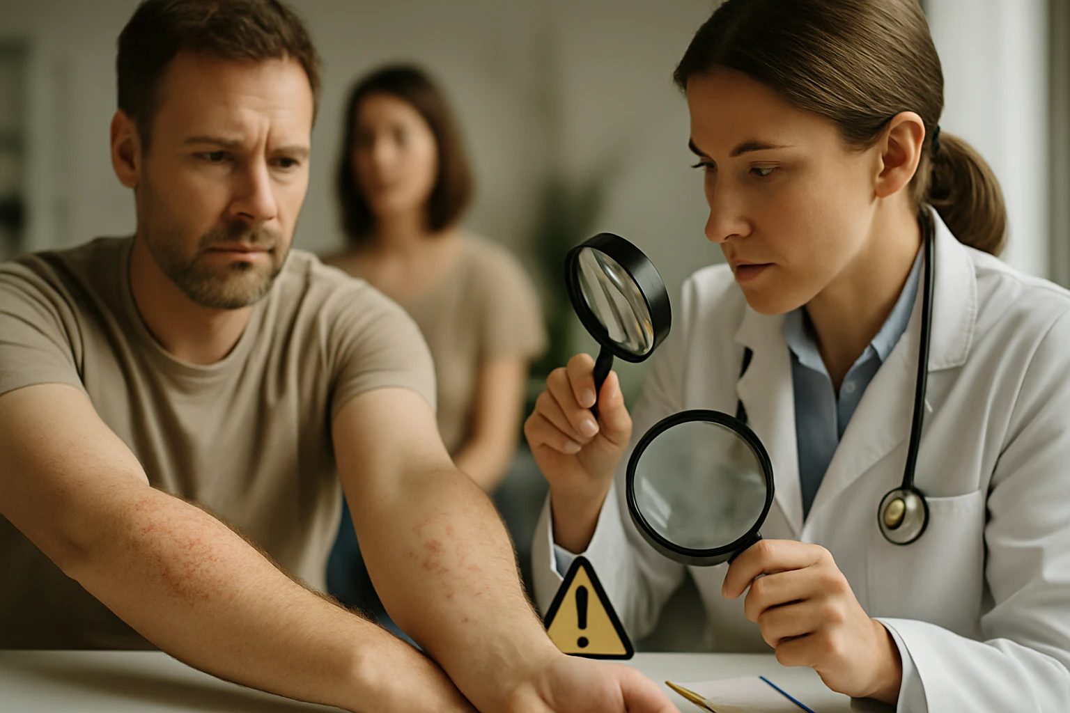 Egy orvos a beteg karján lévő bőrproblémát vizsgálja nagyítóval.