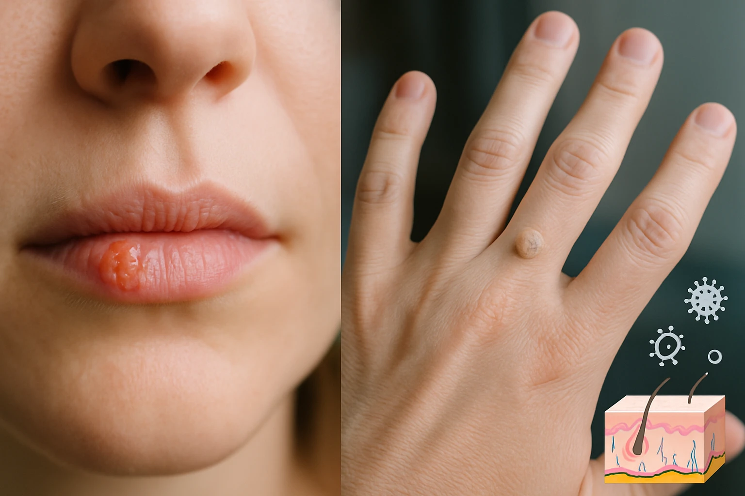 Egy nő ajkán herpesz, míg a kezén egy bőrkinövés látható.