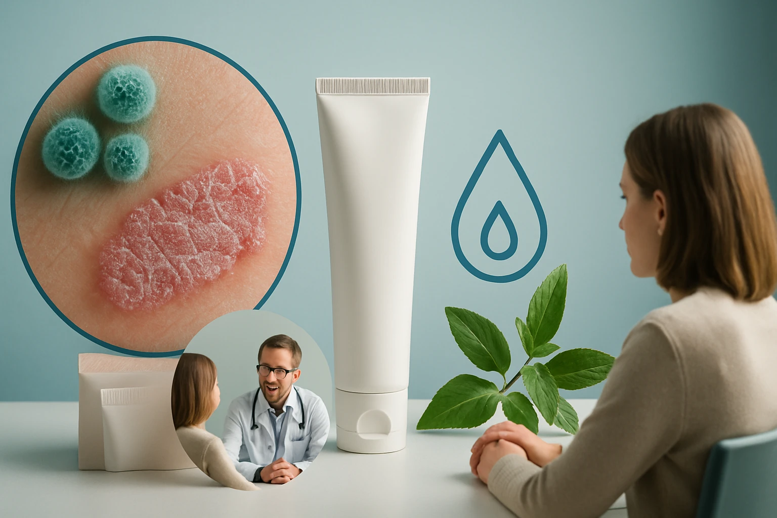 Egy nő bőrproblémákkal foglalkozik, miközben egy orvossal beszélget.