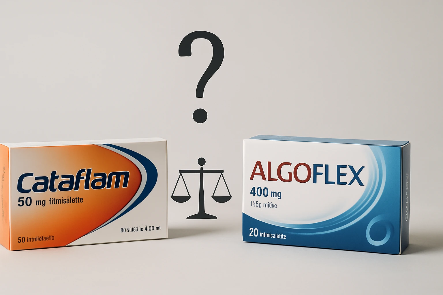 Két gyógyszer doboza, a Cataflam és az AlgoFlex, mérleggel a háttérben.