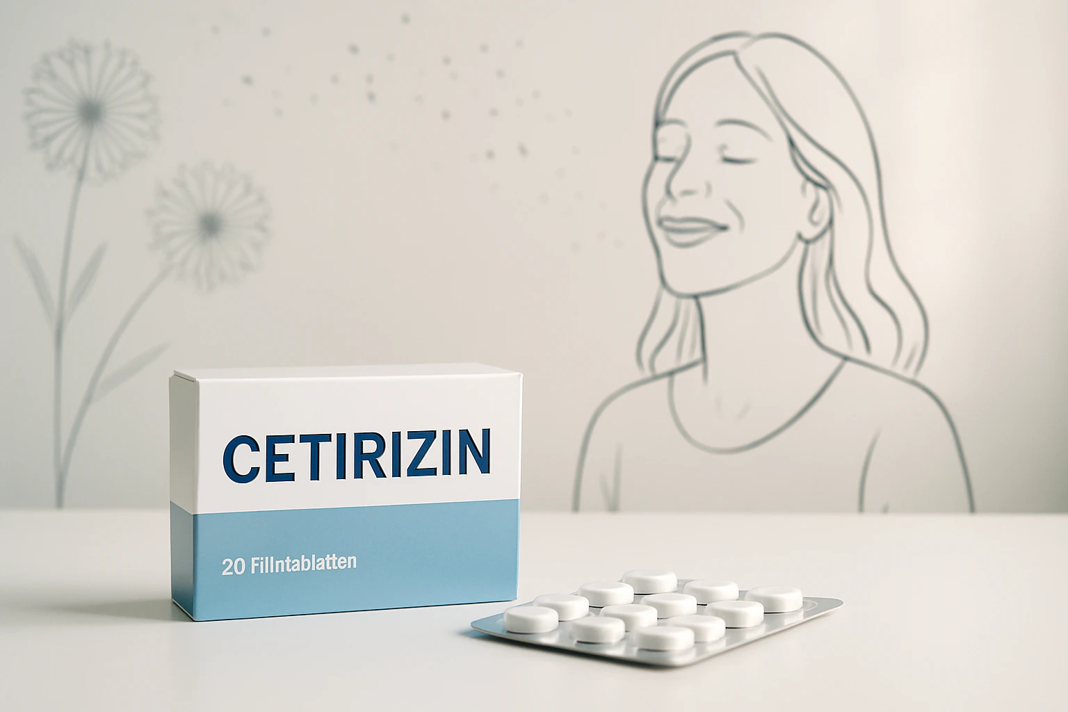 Egy doboz cetirizin gyógyszer és tabletták, háttérben egy mosolygó női arc.