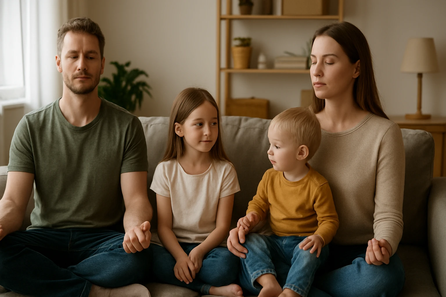 Egy család meditál a kanapén, a szülők és a gyerekek nyugodt arccal ülnek.