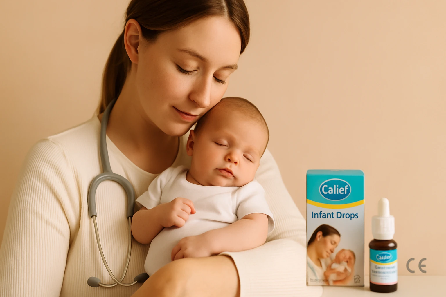 Egy fiatal nő öleli a csecsemőjét, miközben egy orvosi sztetoszkóp látható rajta.
