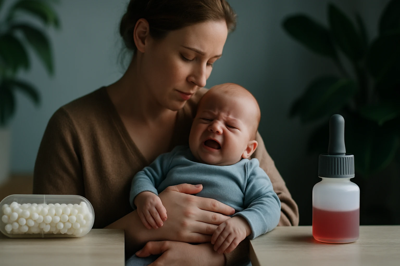 Egy édesanya ölében síró csecsemő, mellette gyógyszeres üveg és golyócskák.