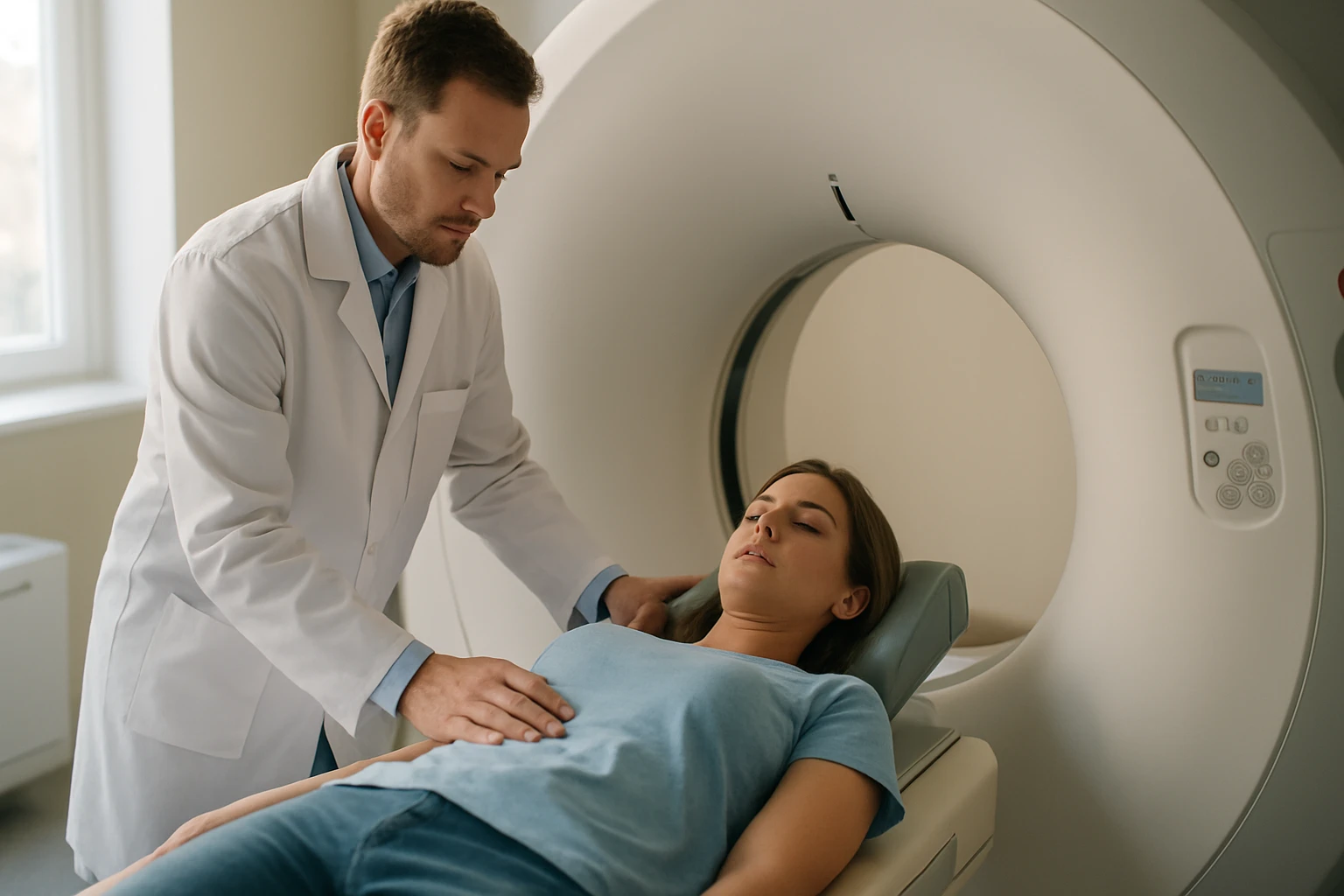 Egy orvos segít egy páciensnek a CT vizsgálat előtt, nyugodt környezetben.