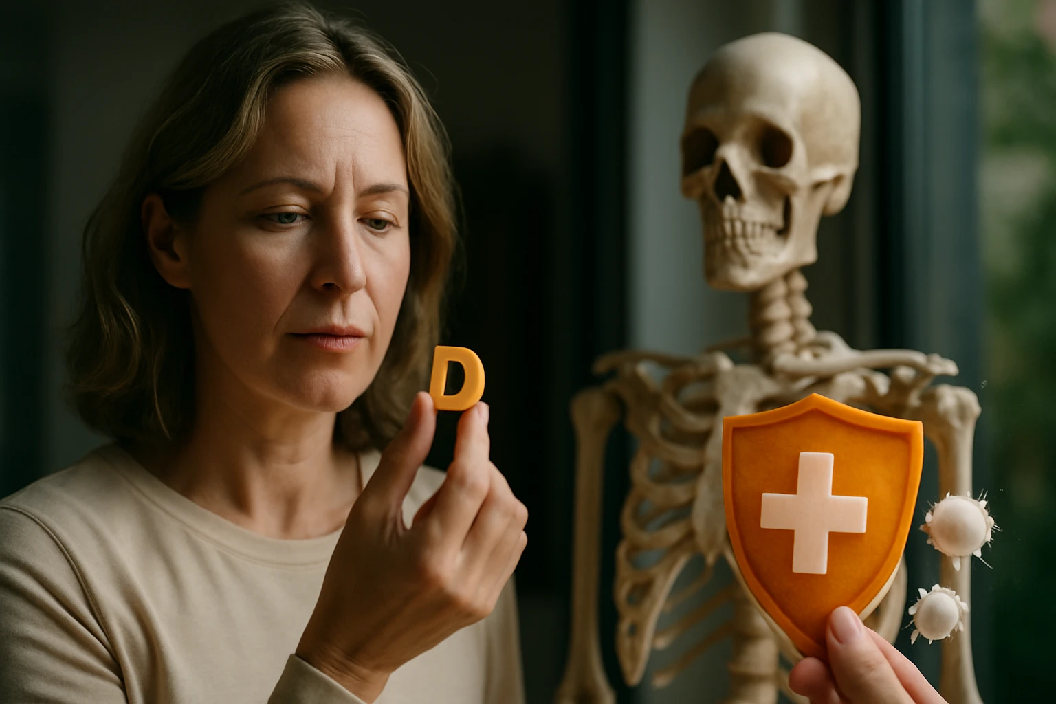 Egy nő a D-vitamin betűt tartja a kezében, miközben egy csontváz mellett áll.