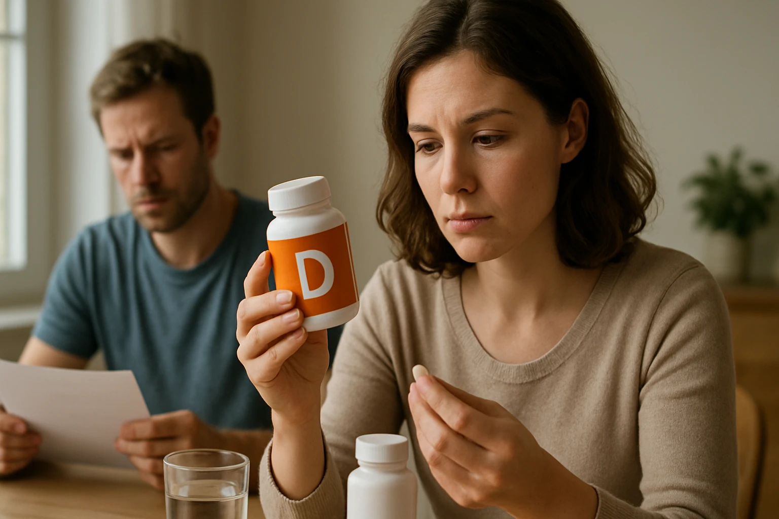 Egy nő D-vitamin kapszulát néz, míg férje aggódva olvas egy papírt.