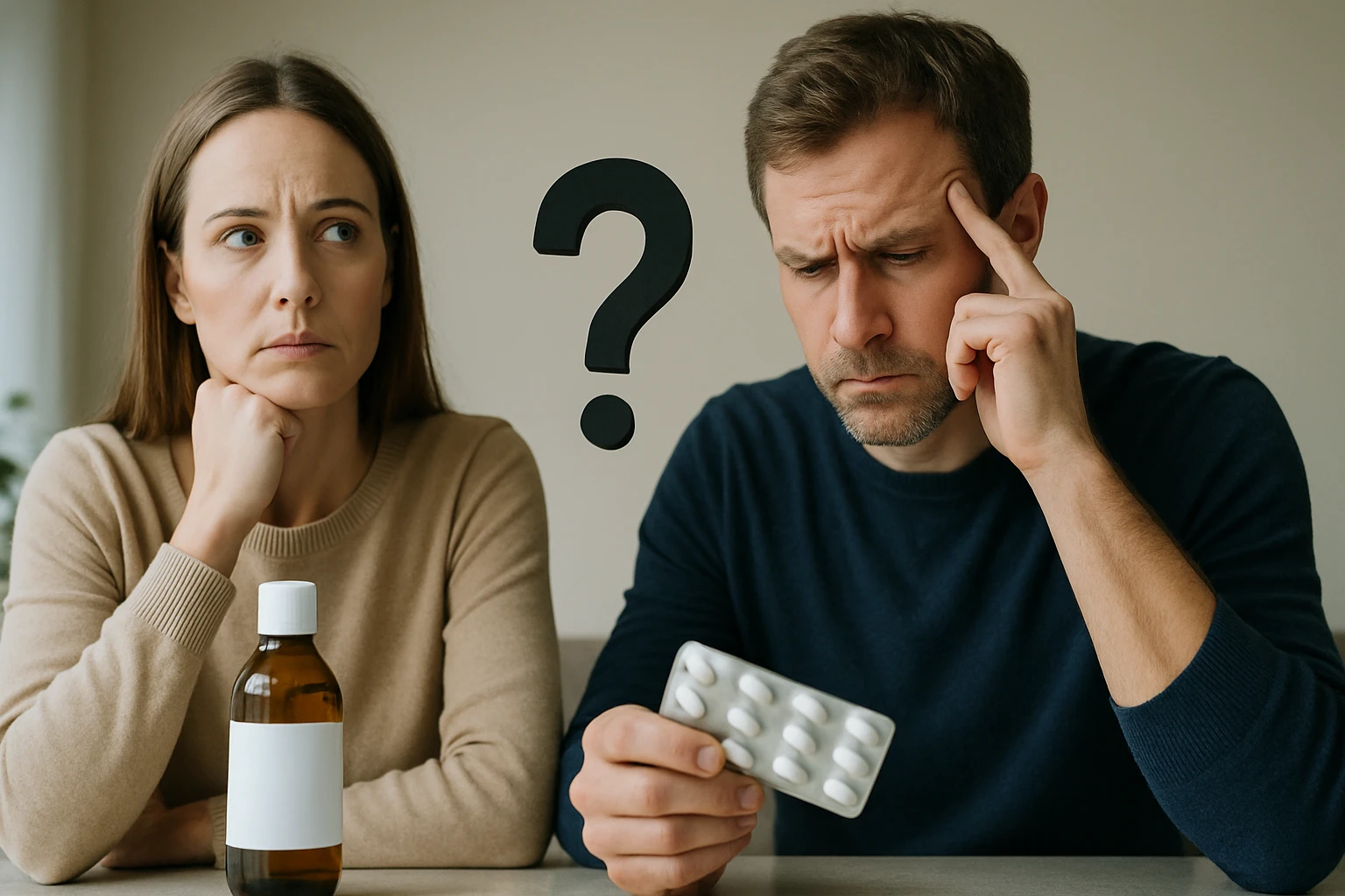 Egy férfi gyógyszert néz, míg egy nő aggódva figyeli őt.