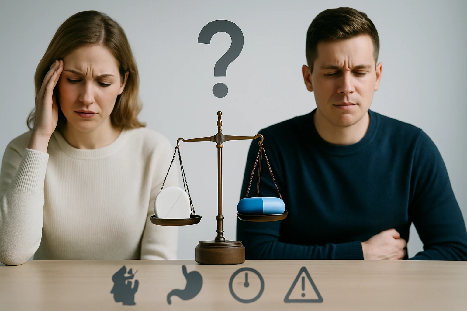 Egy nő és egy férfi szorongva néznek egy mérlegre, amelyen gyógyszerek állnak.