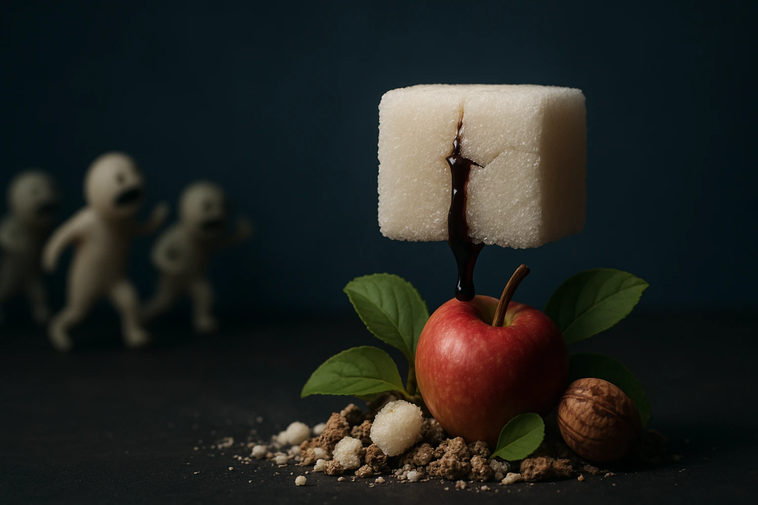 Egy piros alma, mellette cukor kocka és dió, háttérben elmosódott figurák.